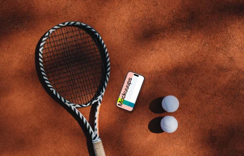iPhone mockup with tennis racket and balls