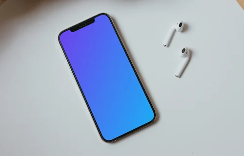 Minimal iPhone mockup on a table with a pair of Airpods and a cup of coffee
