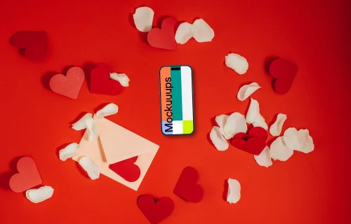 Mockup of smartphone on Valentine's day background