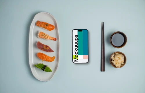 Nigiri sushi on a plate next to the Smartphone mockup