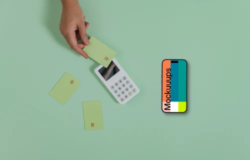 Pastel green styled iPhone mockup including payment terminal and credit cards