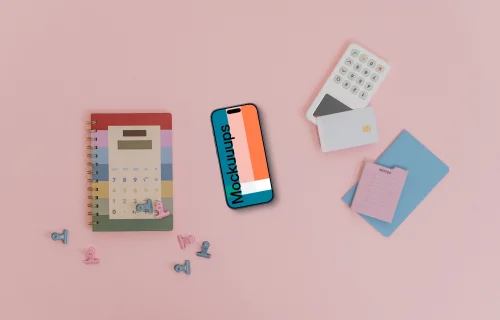 Pink background with payment terminal and an iPhone mockup