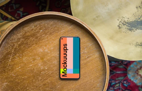 Pixel 5 mockup on a wooden barrel