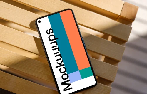 Pixel 5 mockup on a wooden stand