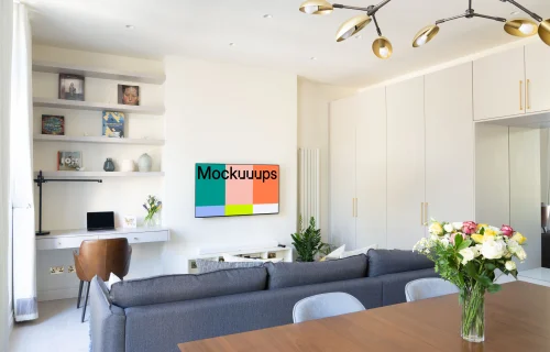 Smart television mockup hung on a wall in a modern apartment