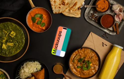 Smartphone mockup surrounded by Indian food