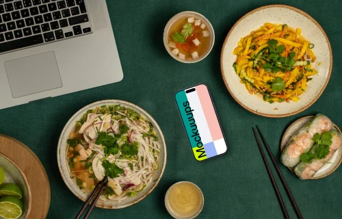 Smartphone mockup with vietnamese cuisine meals