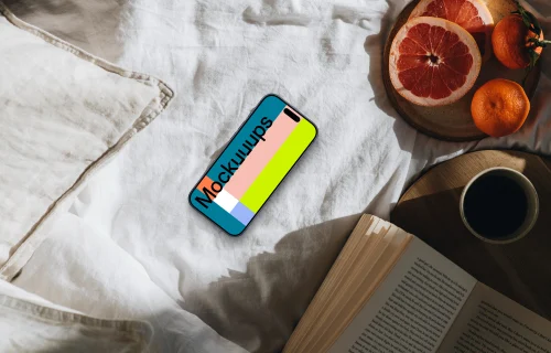 Sunny breakfast in bed and an iPhone mockup