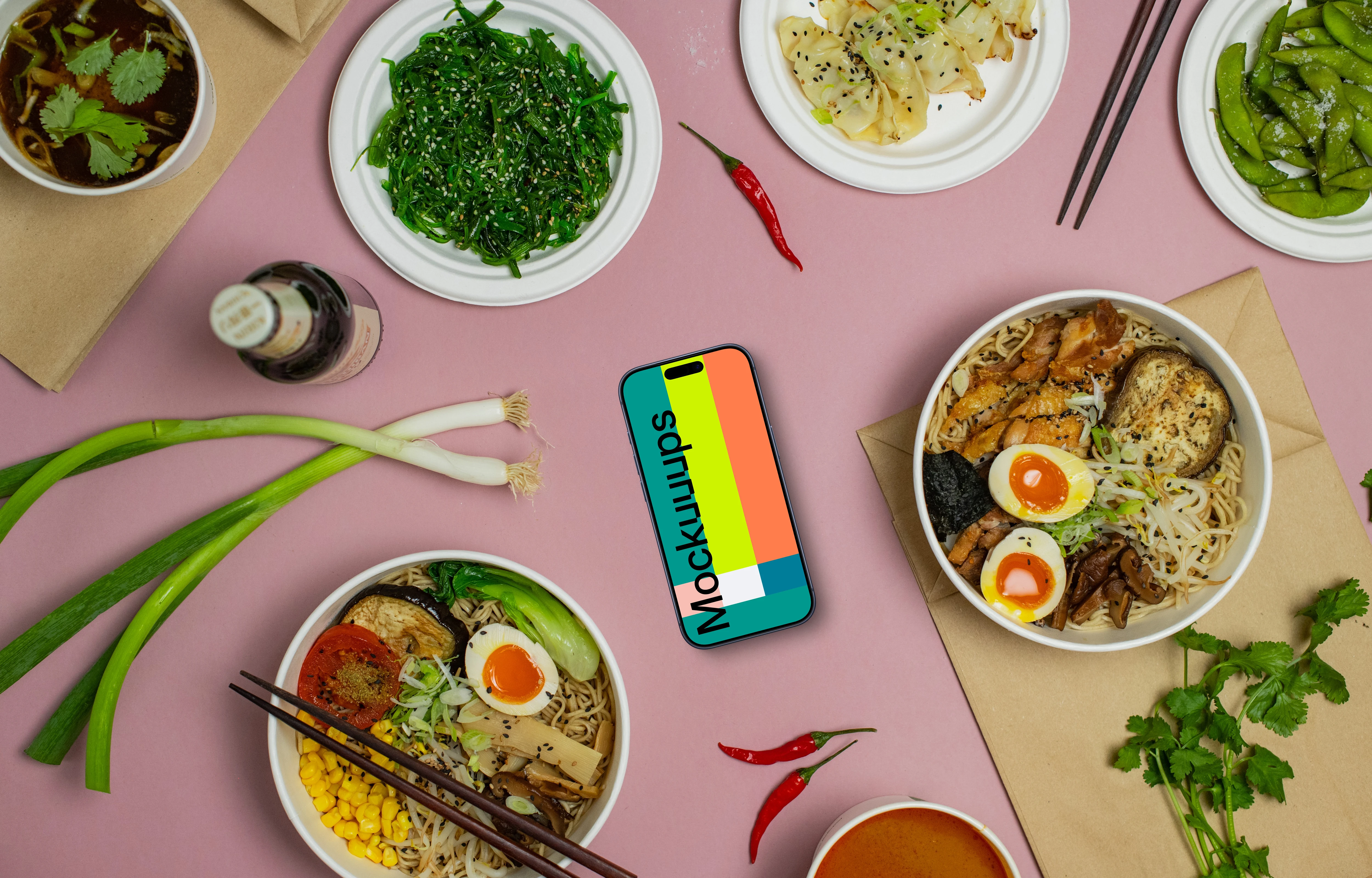 Japanese food around a smartphone mockup
