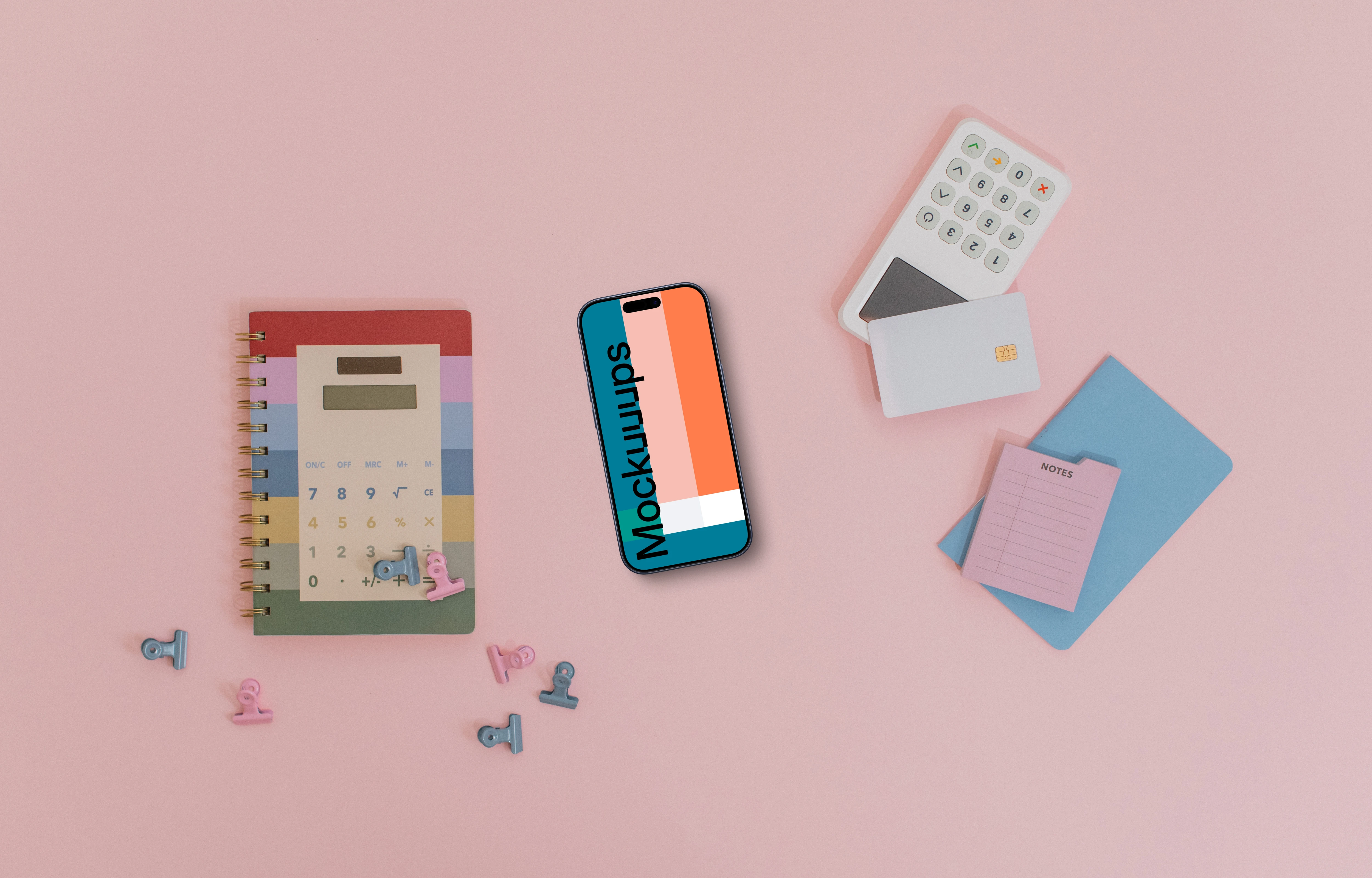 Pink background with payment terminal and an iPhone mockup