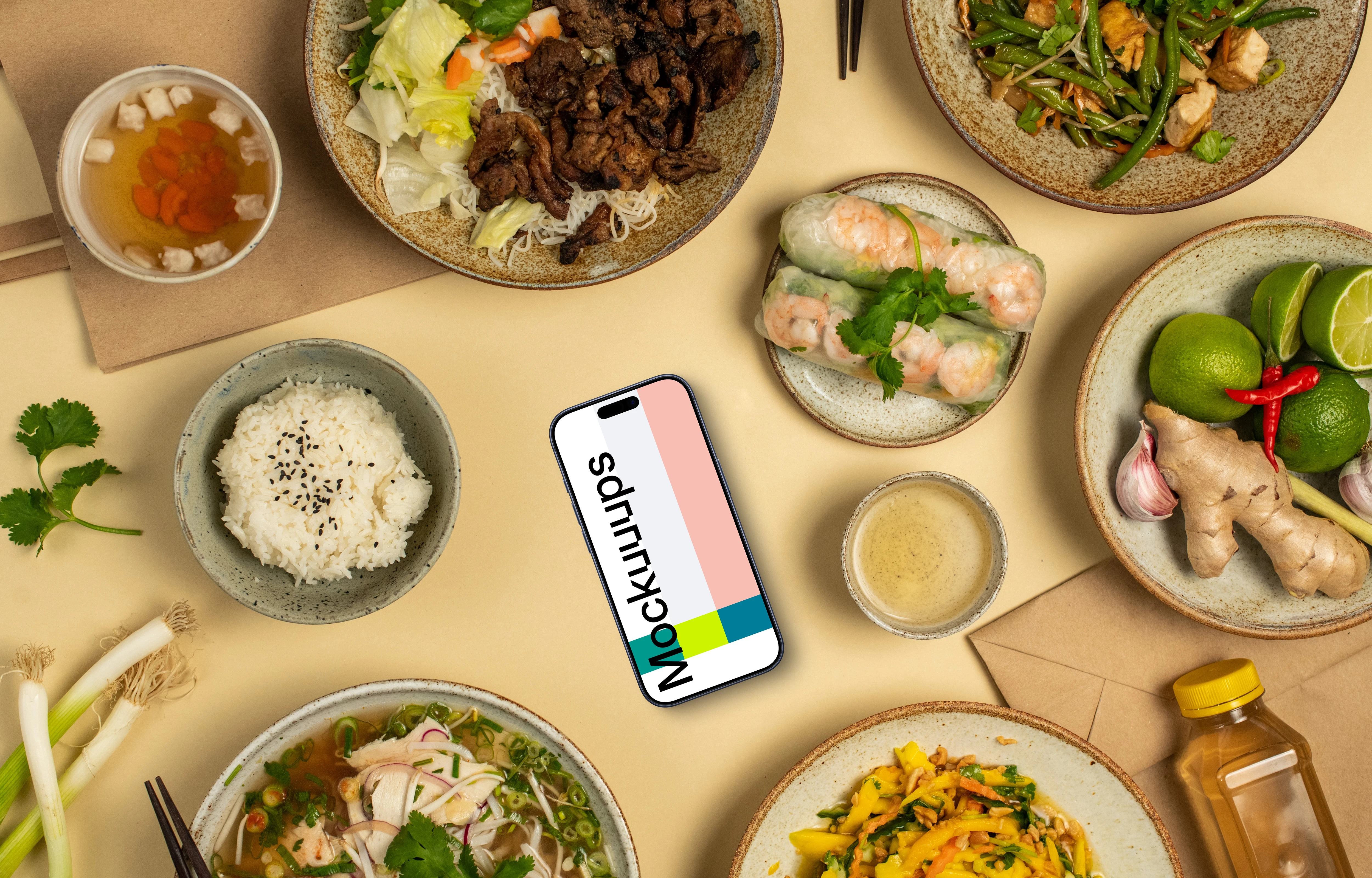 Smartphone mockup surrounded by vietnamese cuisine meals