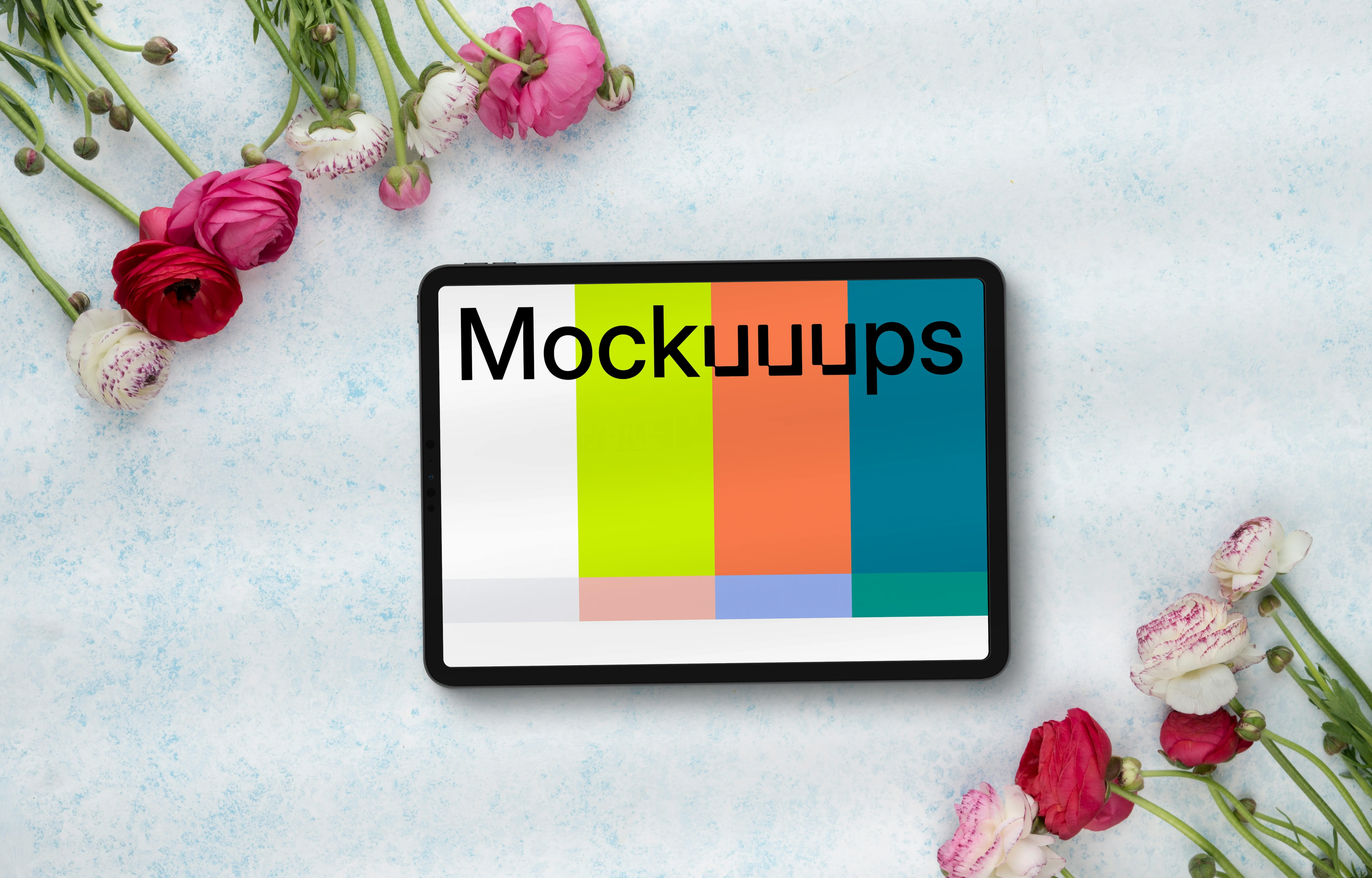 Tablet mockup surrounded by flowers