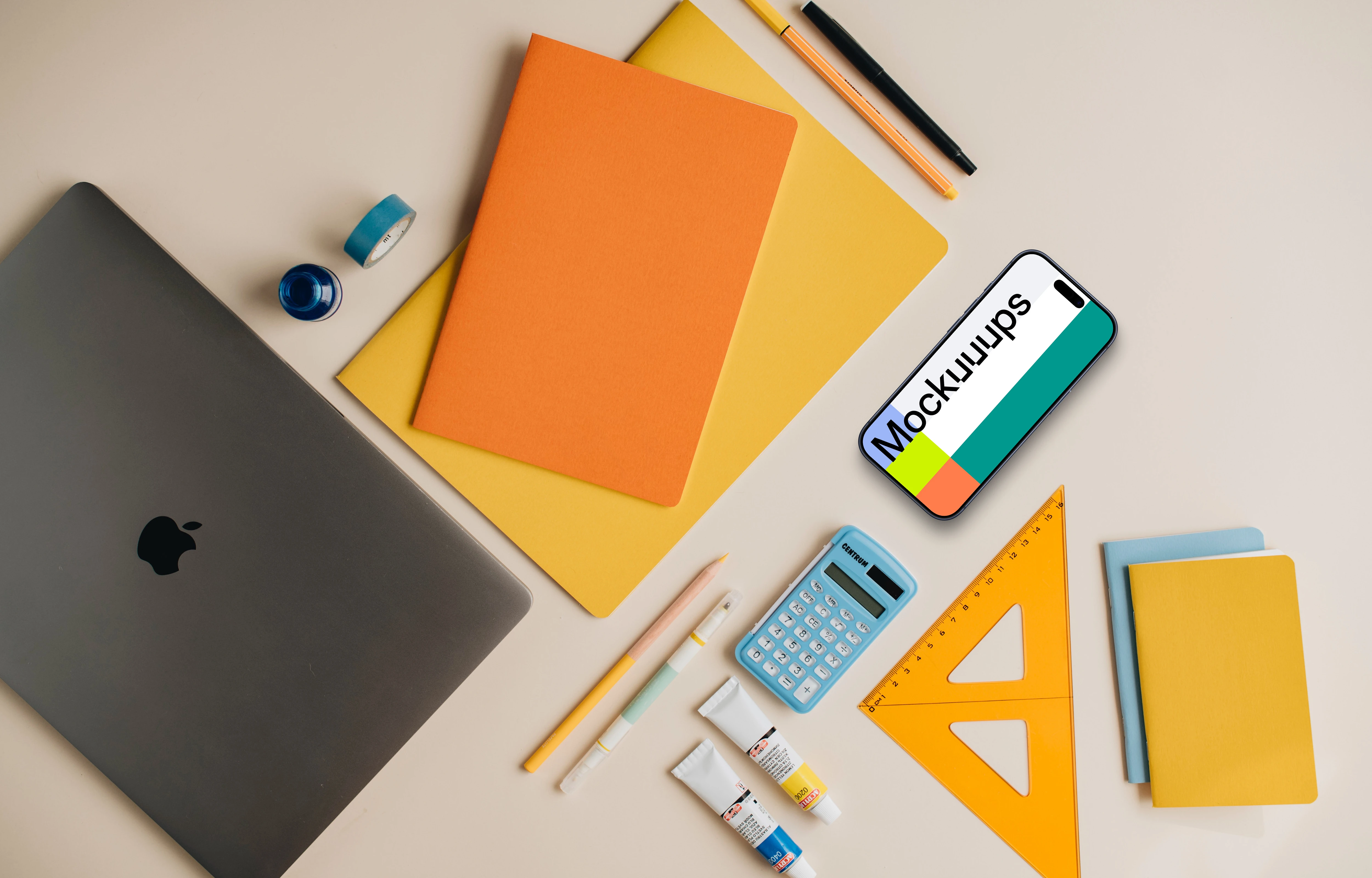 Top view of smartphone mockup with back to school elements