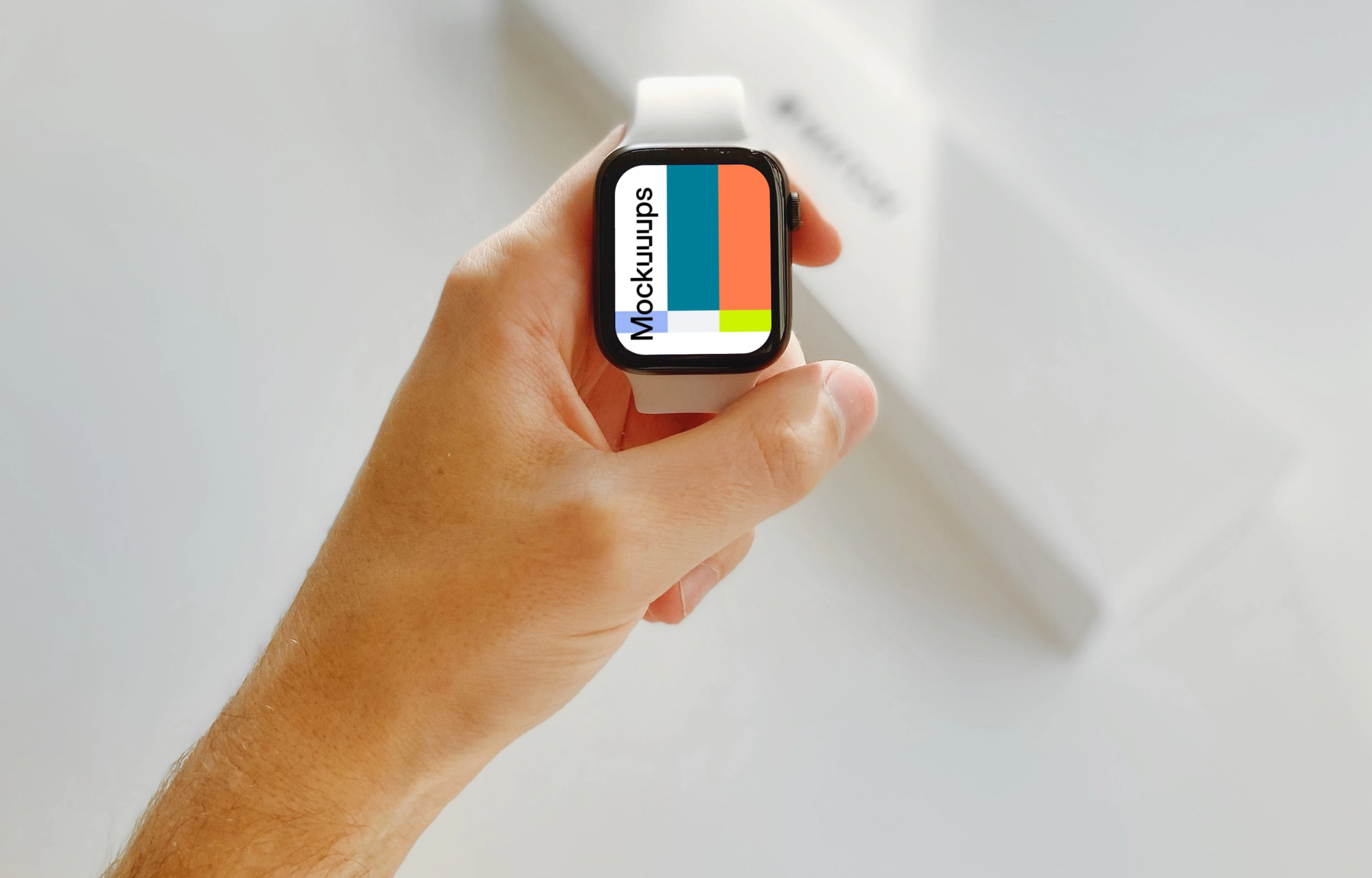 Holding white Apple Watch mockup