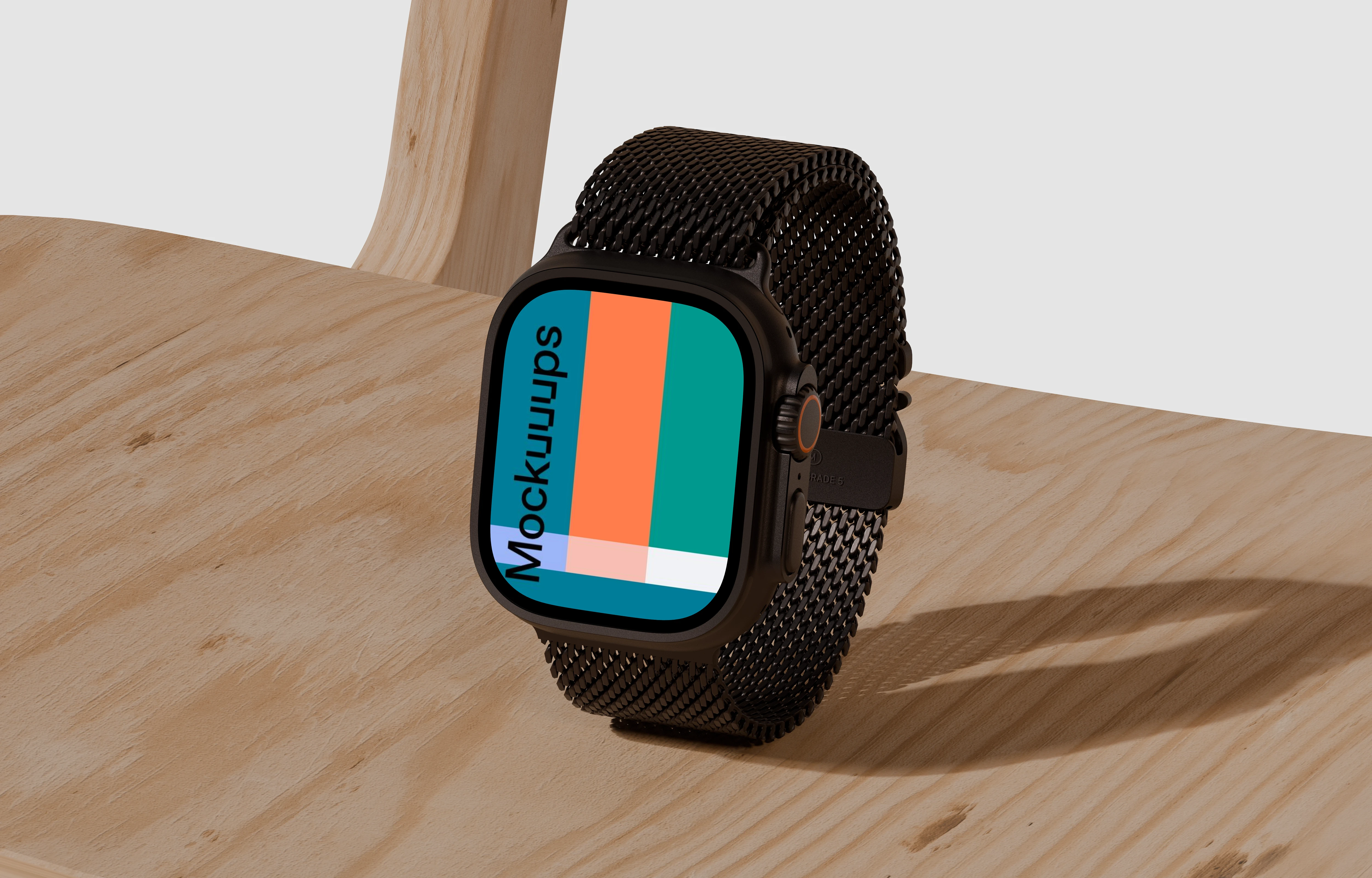 Apple Watch Ultra mockup on wooden chair