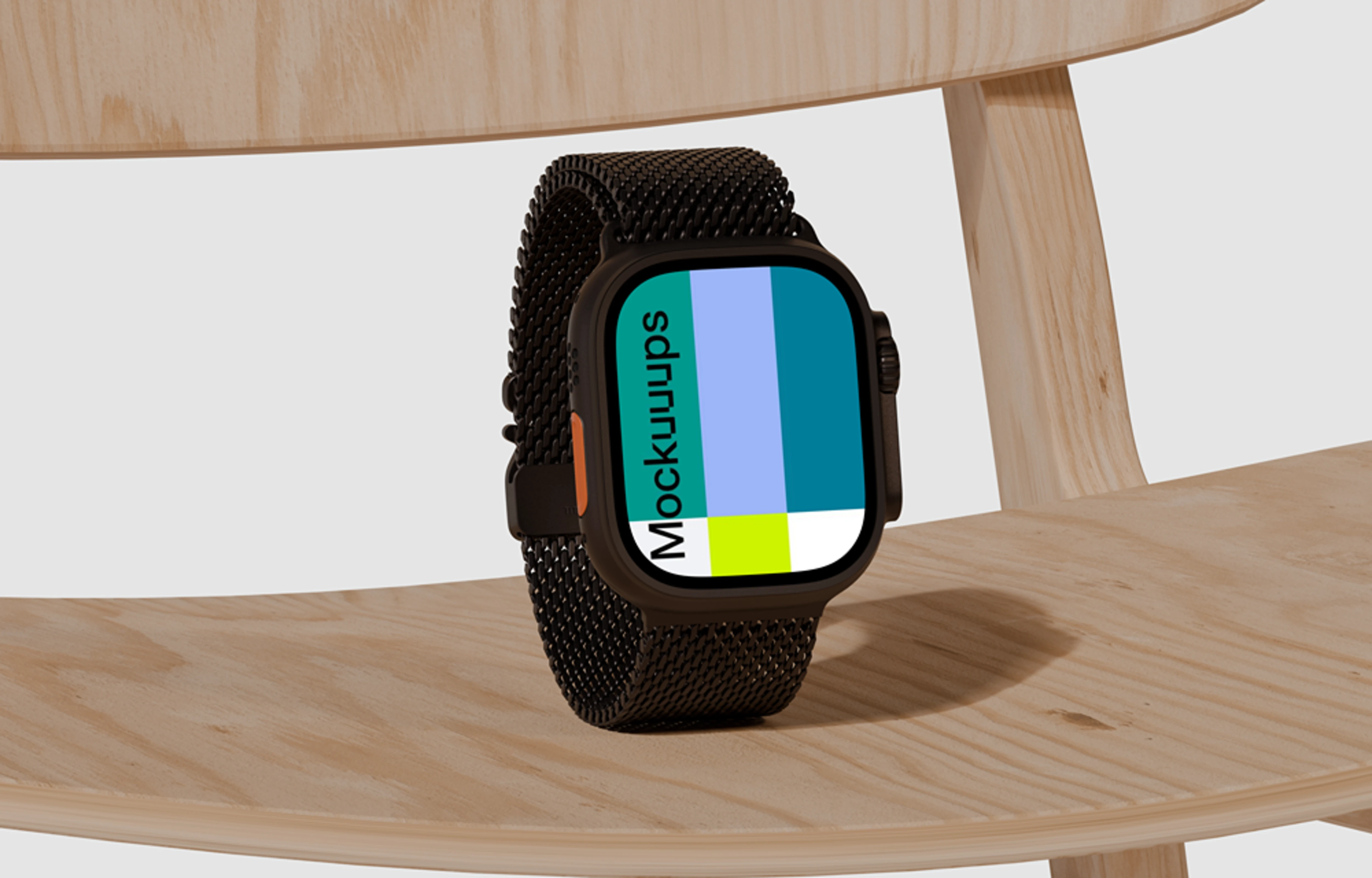Apple Watch Ultra mockup on a wooden chair