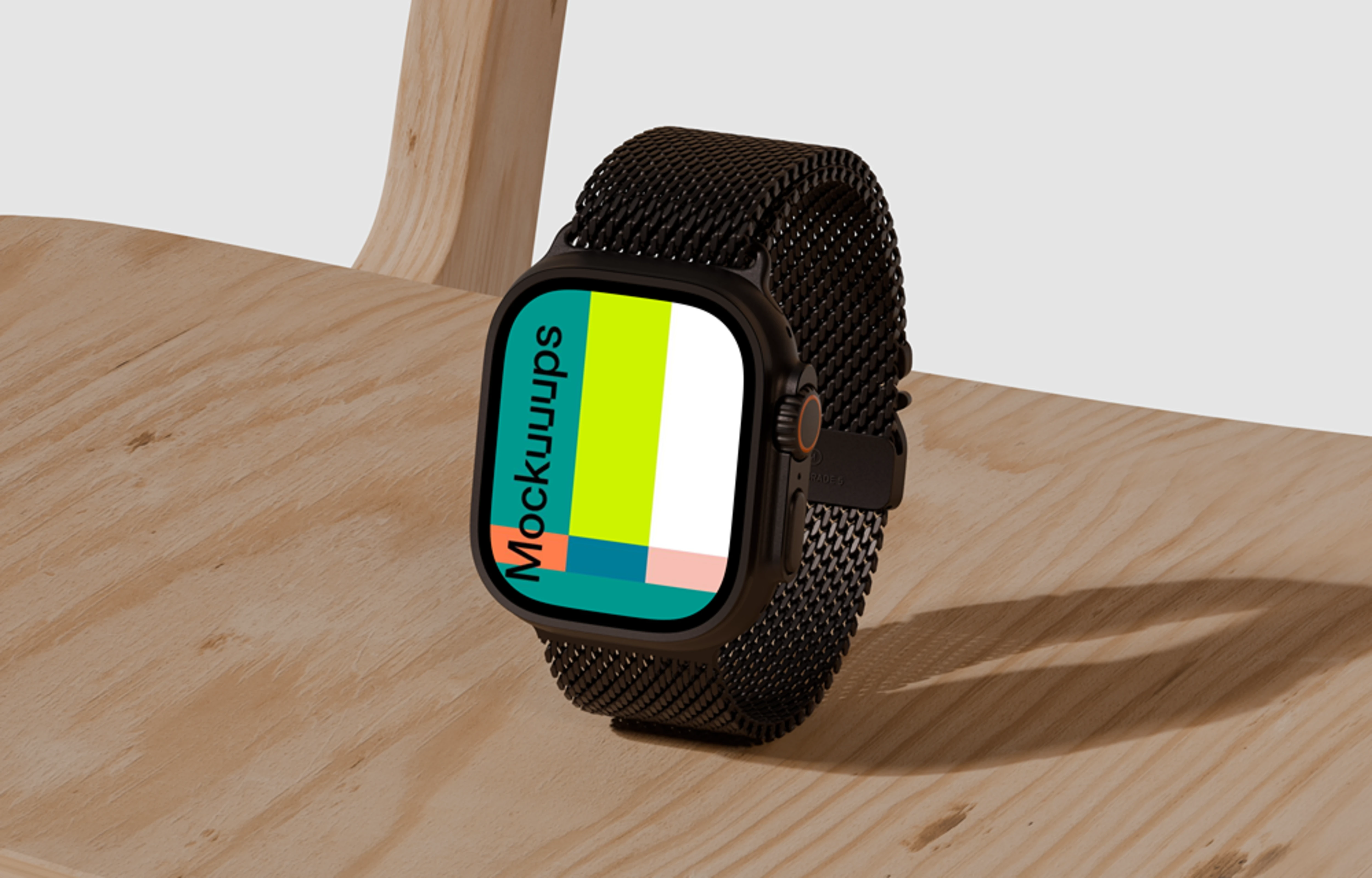 Apple Watch Ultra mockup on wooden chair