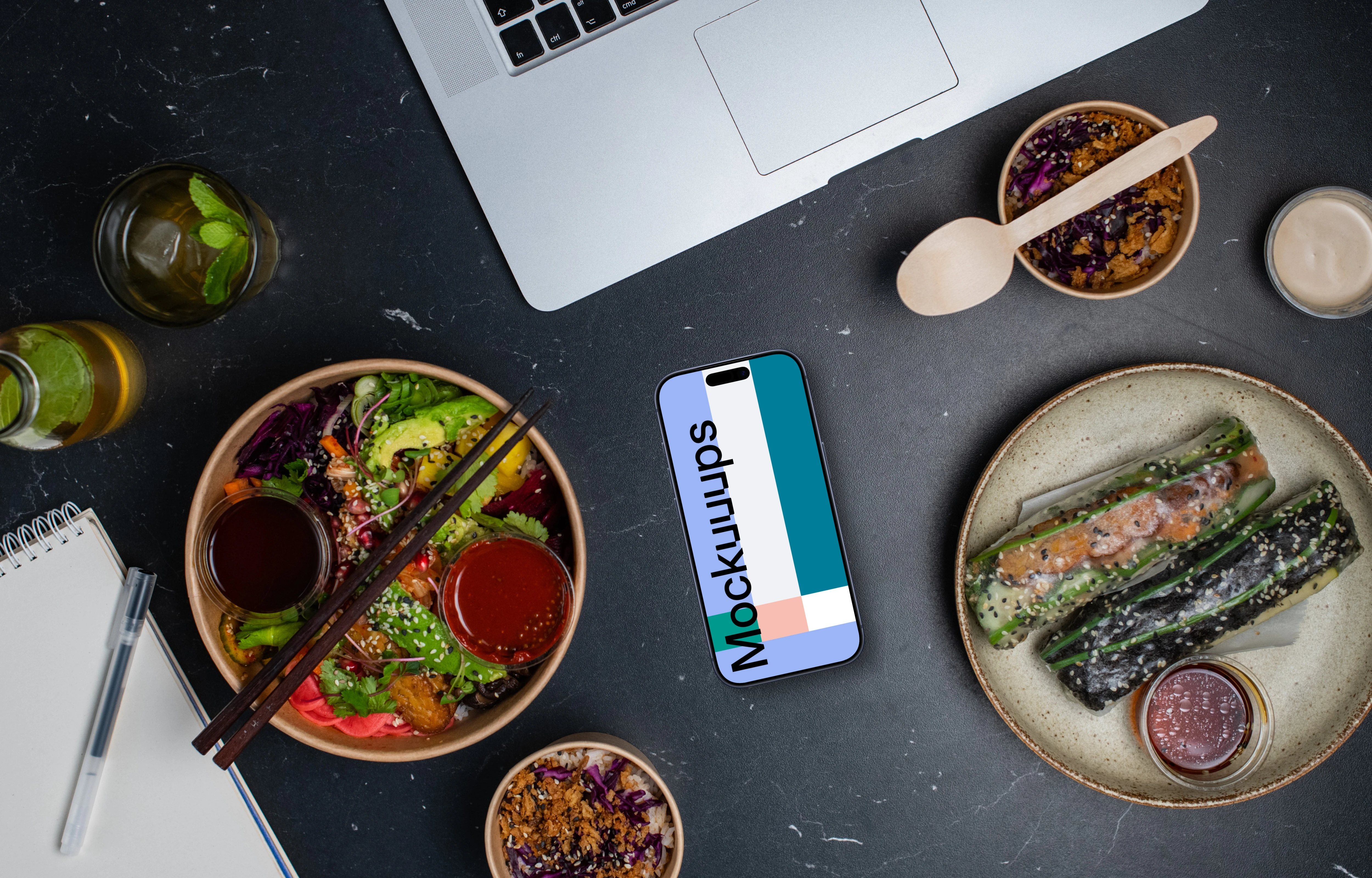 Asian food from delivery with Smartphone mockup