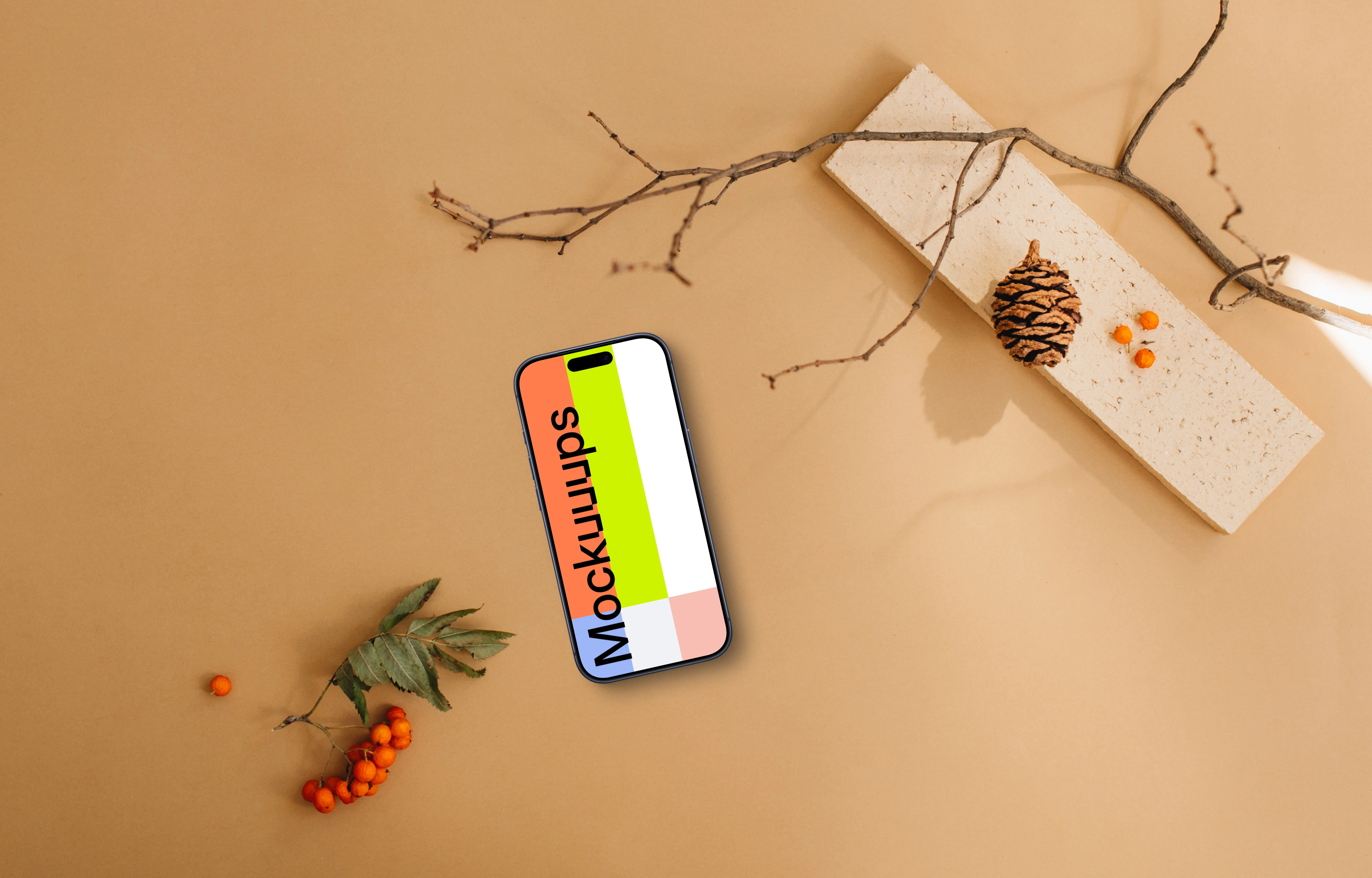 Autumn scene with smartphone mockup and light