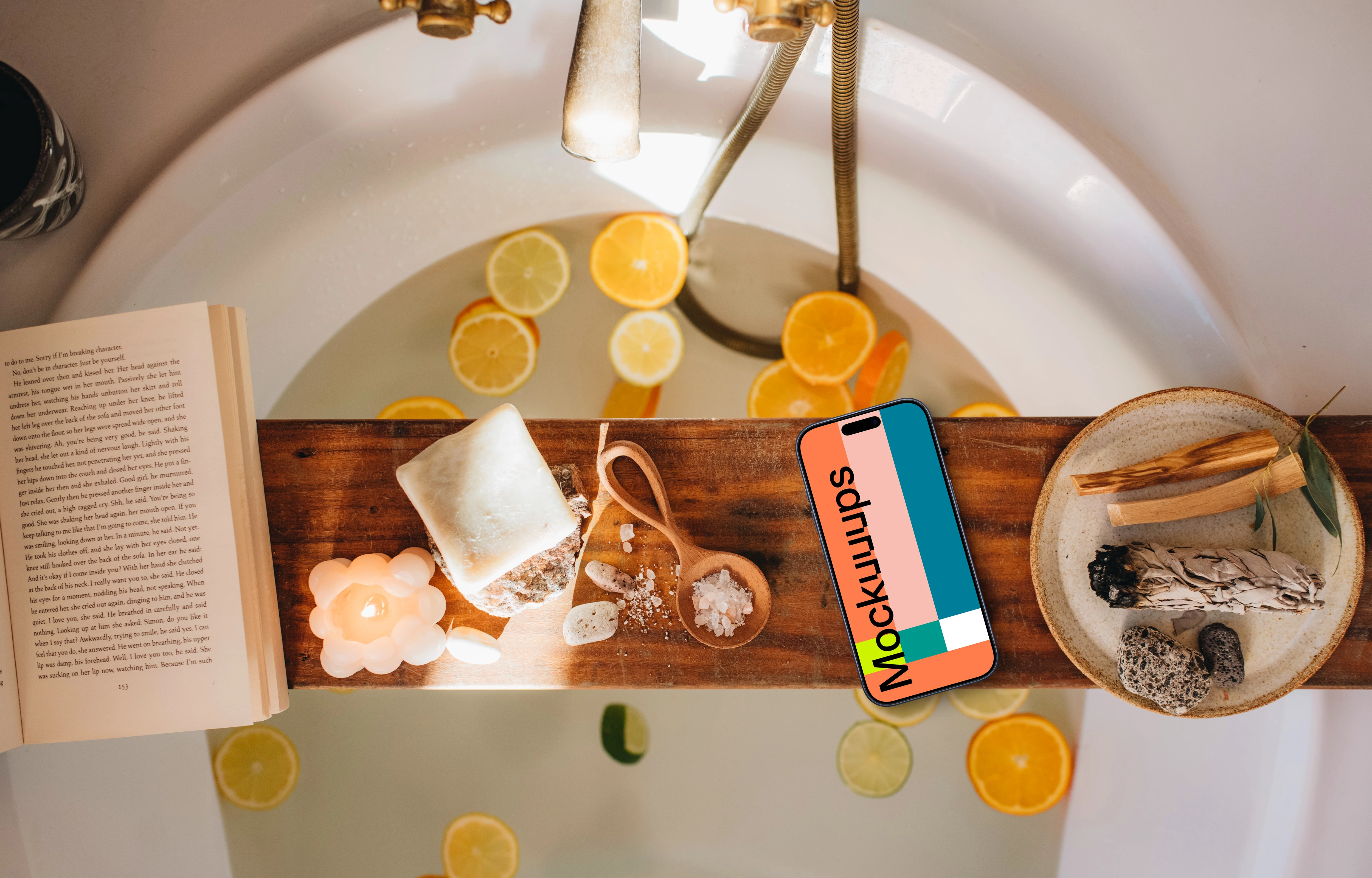 Book and bath time with an iPhone mockup