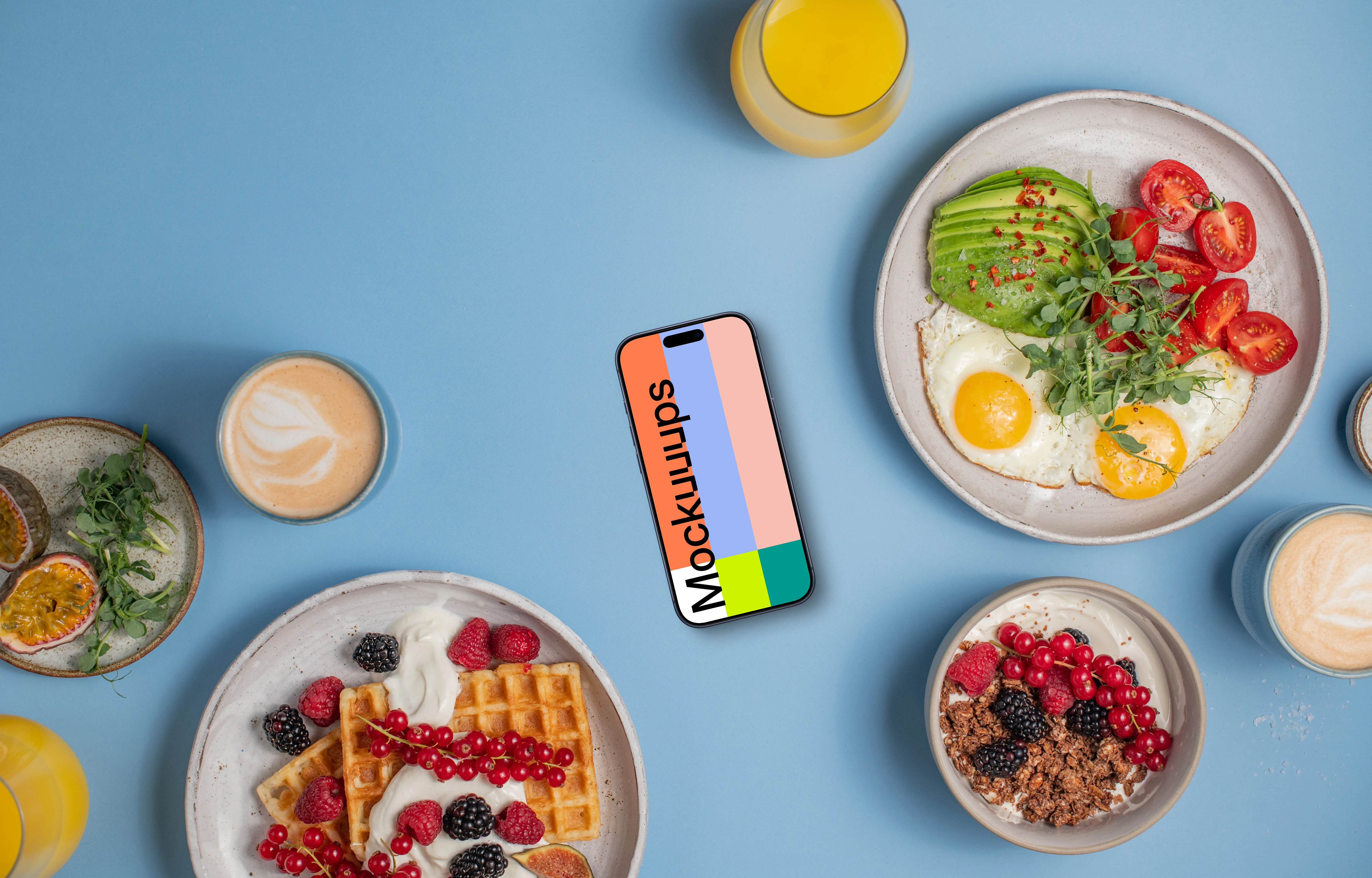 Breakfast meals around Smartphone mockup