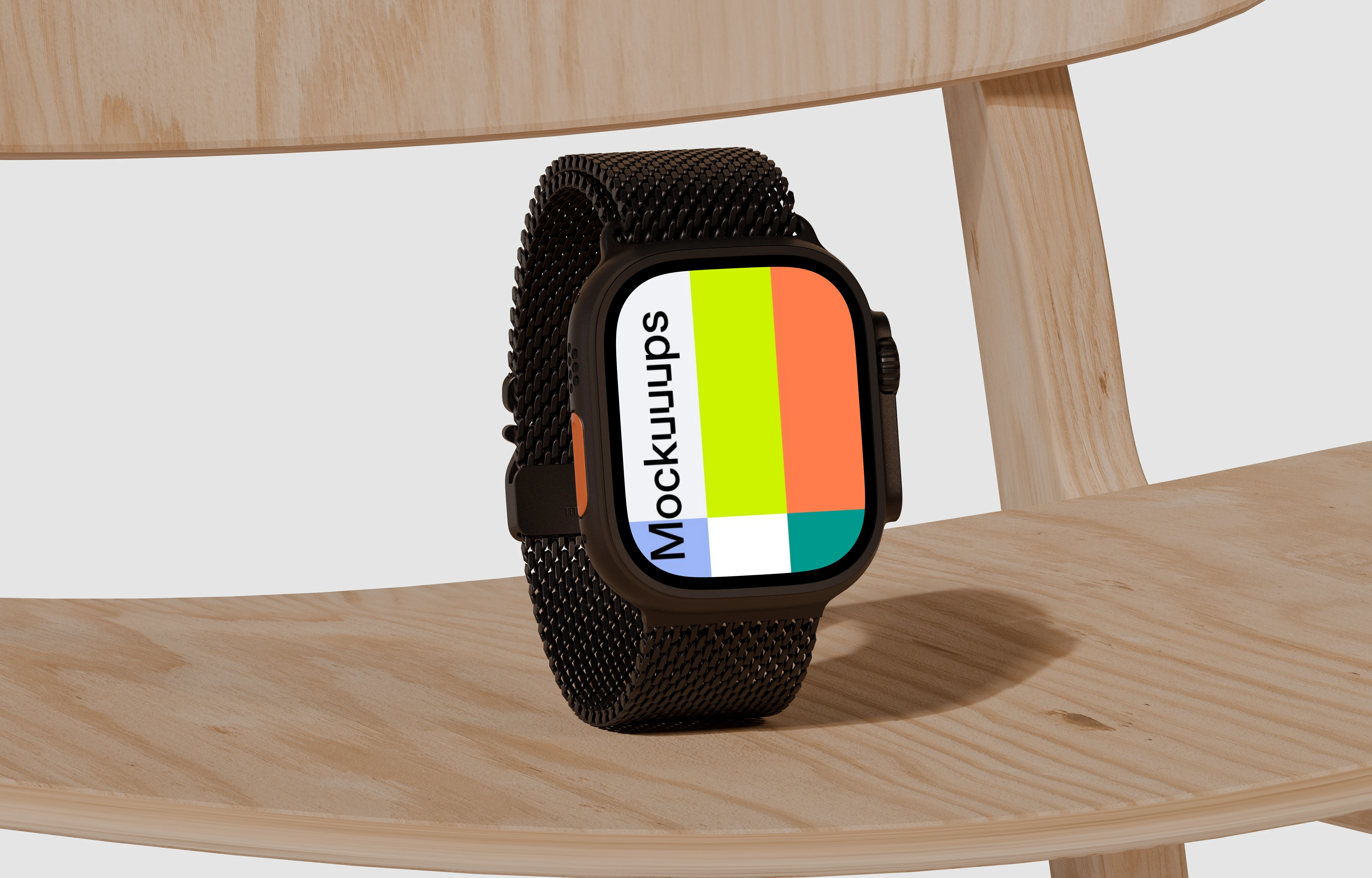 Apple Watch Ultra mockup on a wooden chair