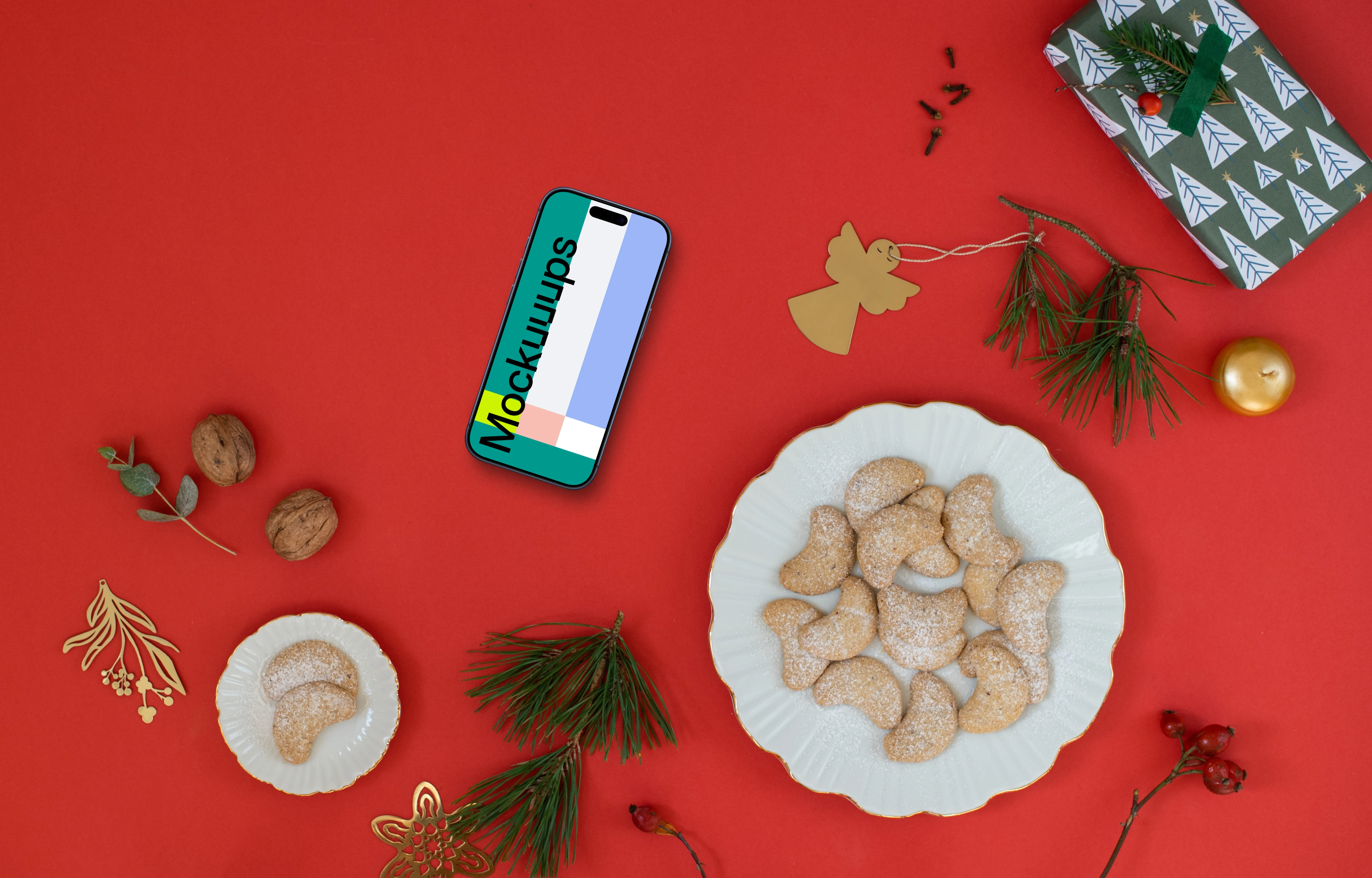 Christmas phone mockup on red background