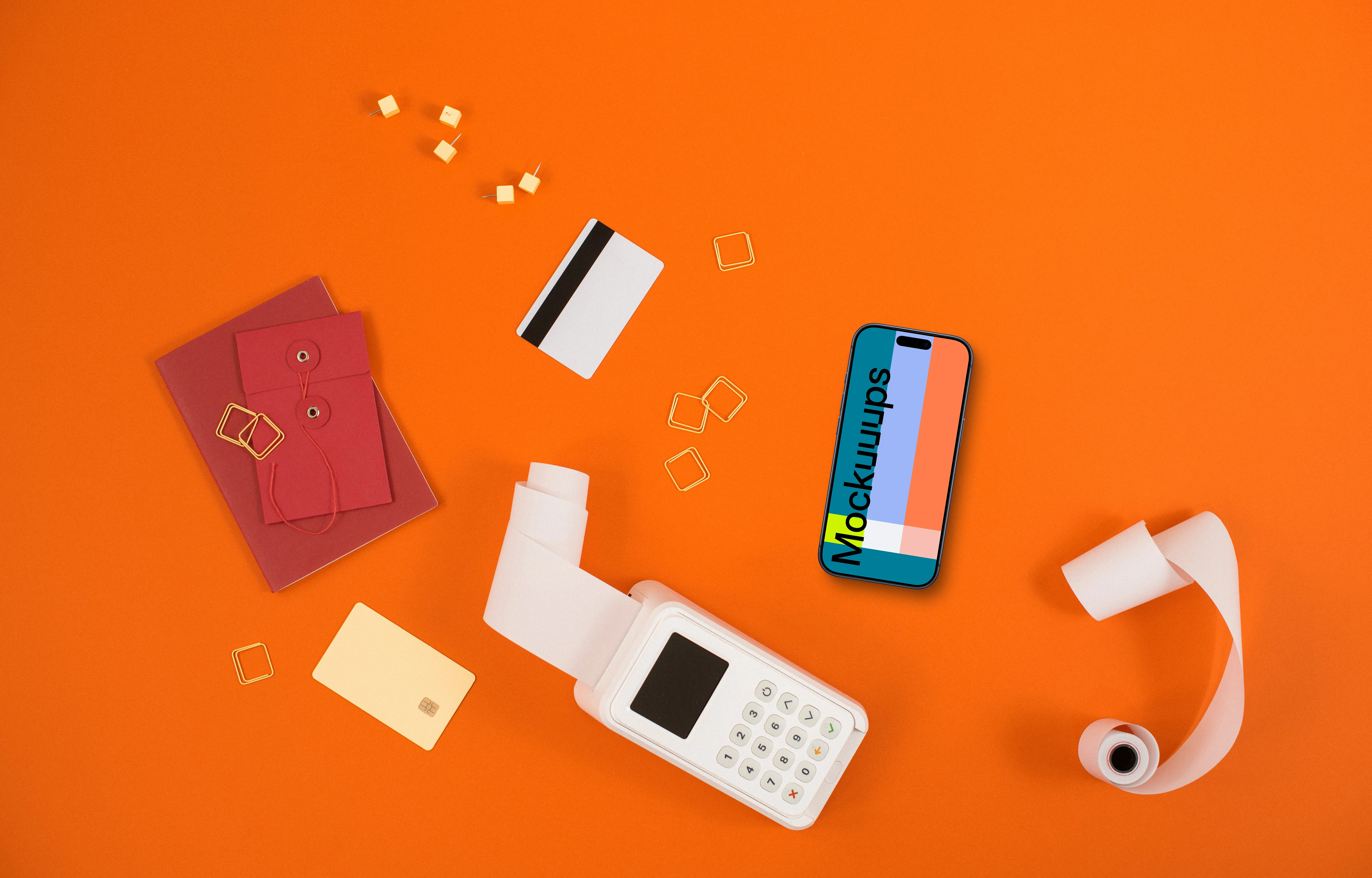 Contactless payment with an iPhone and terminal on the orange background