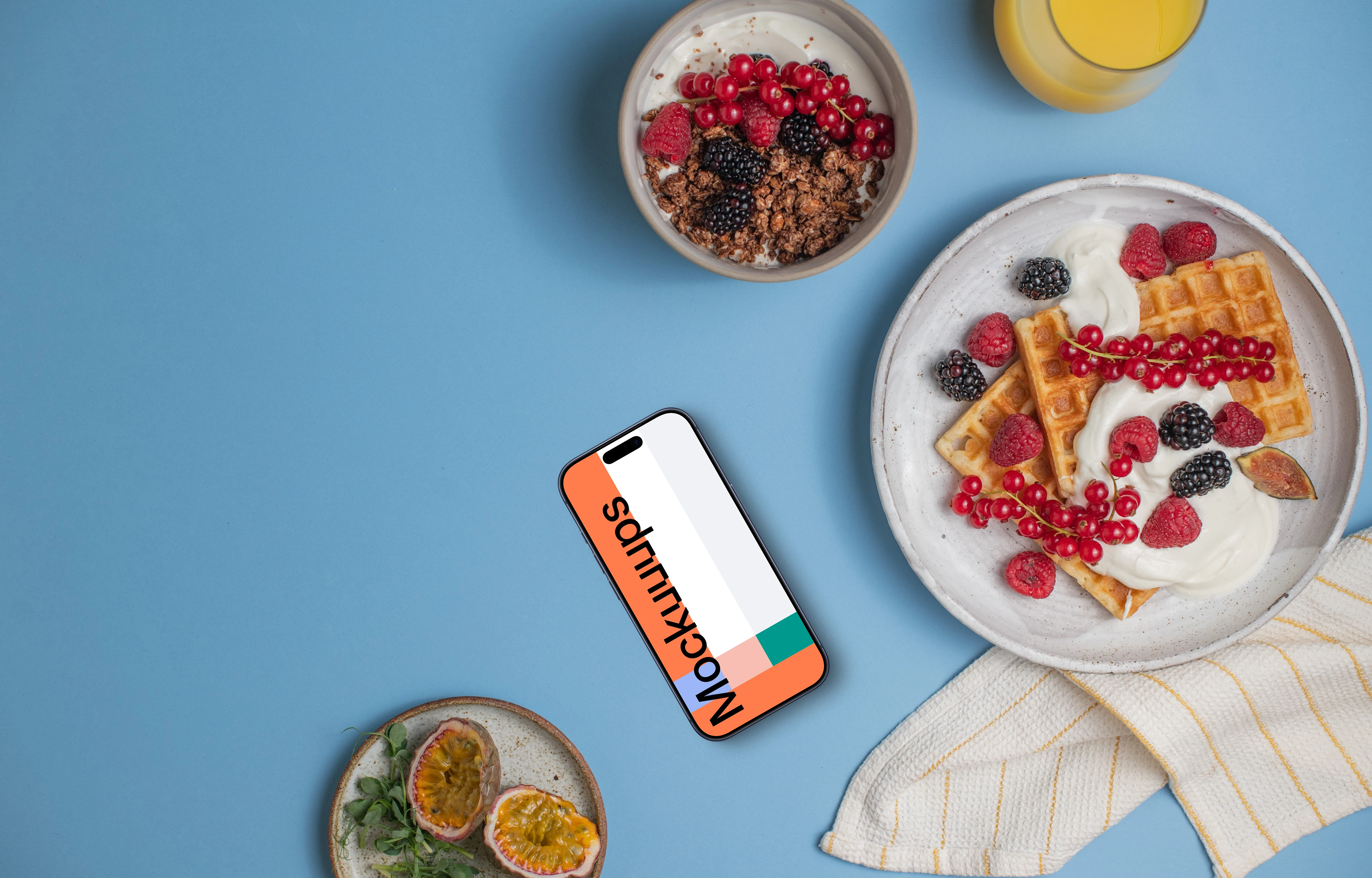 Smartphone mockup with breakfast plates