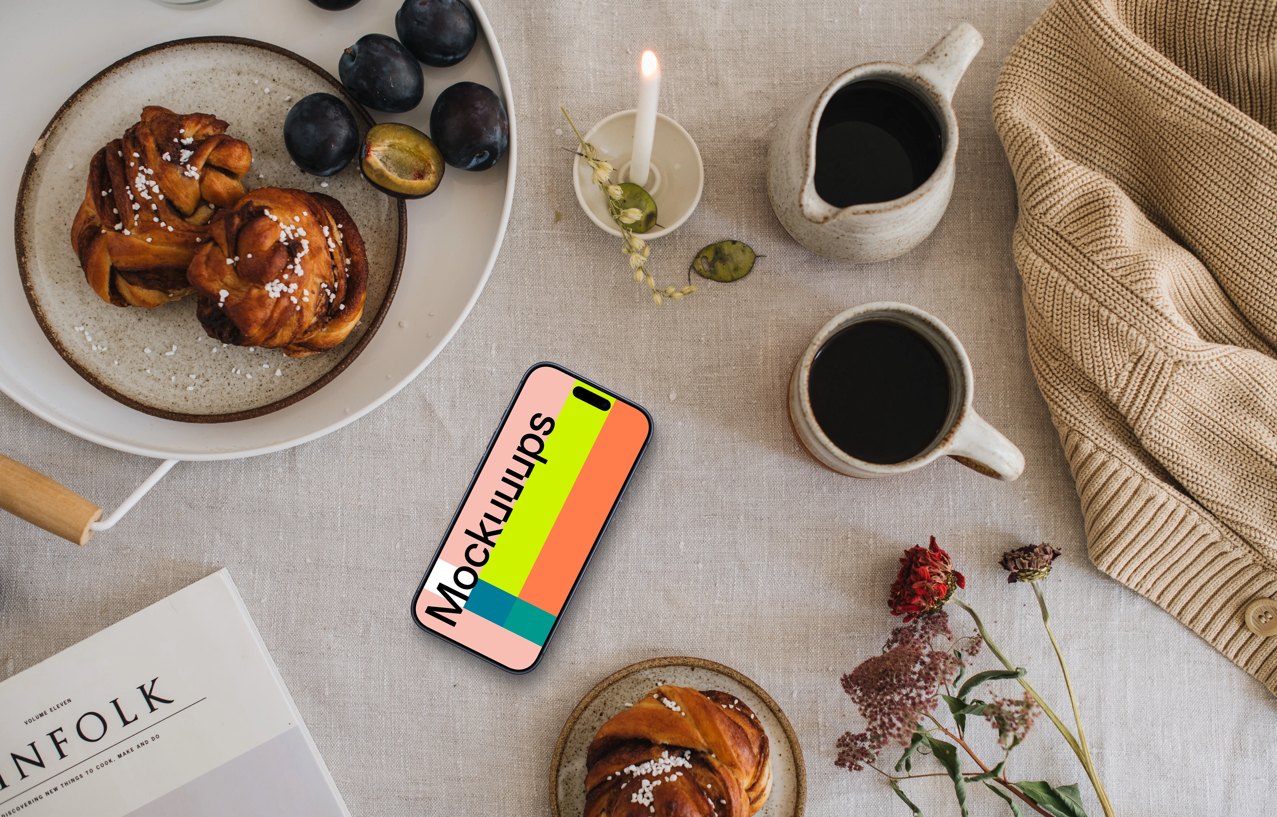 Top view of phone mockup on the dinning table