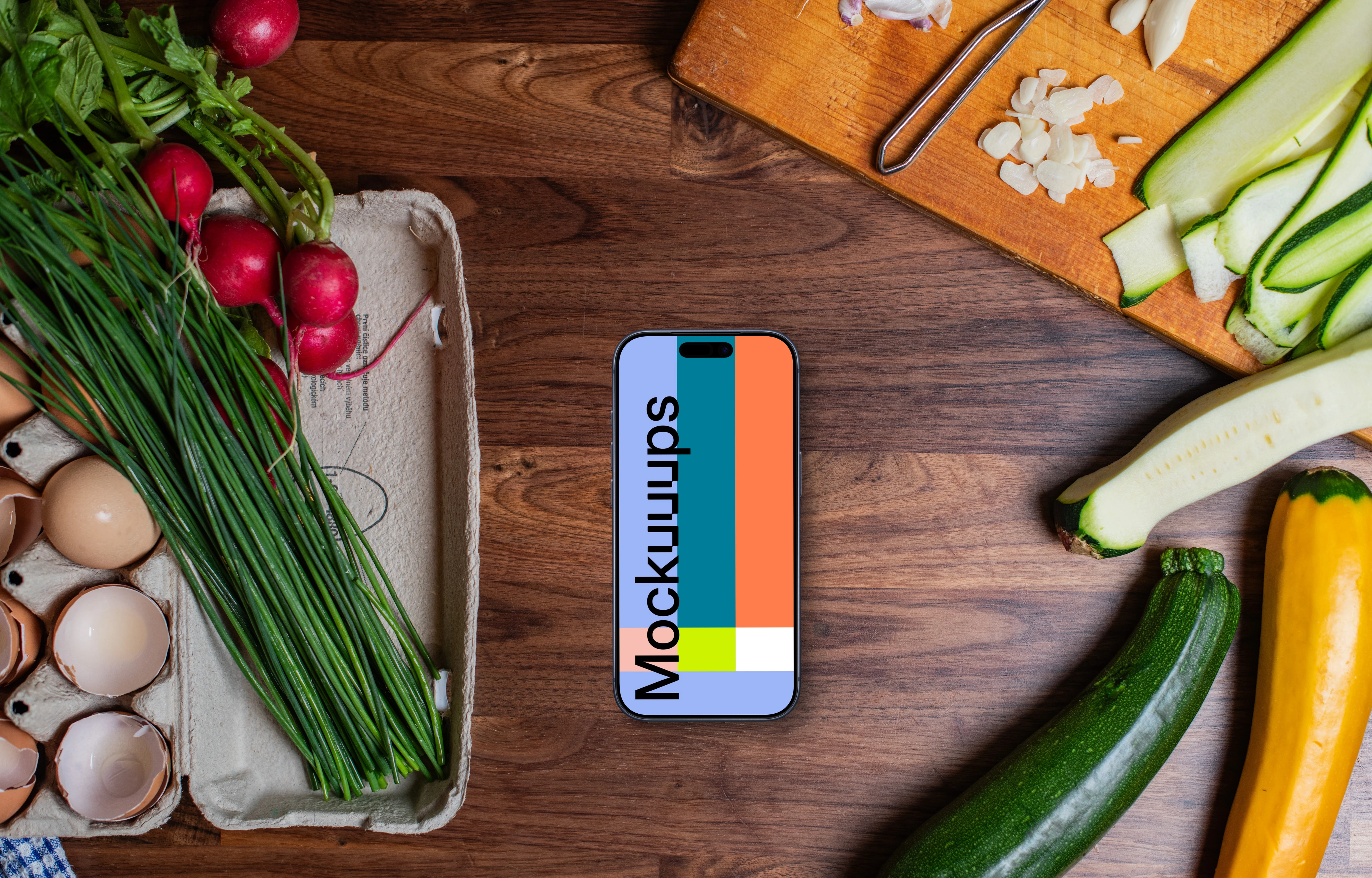 Delicious ingredients in the kitchen with phone mockup