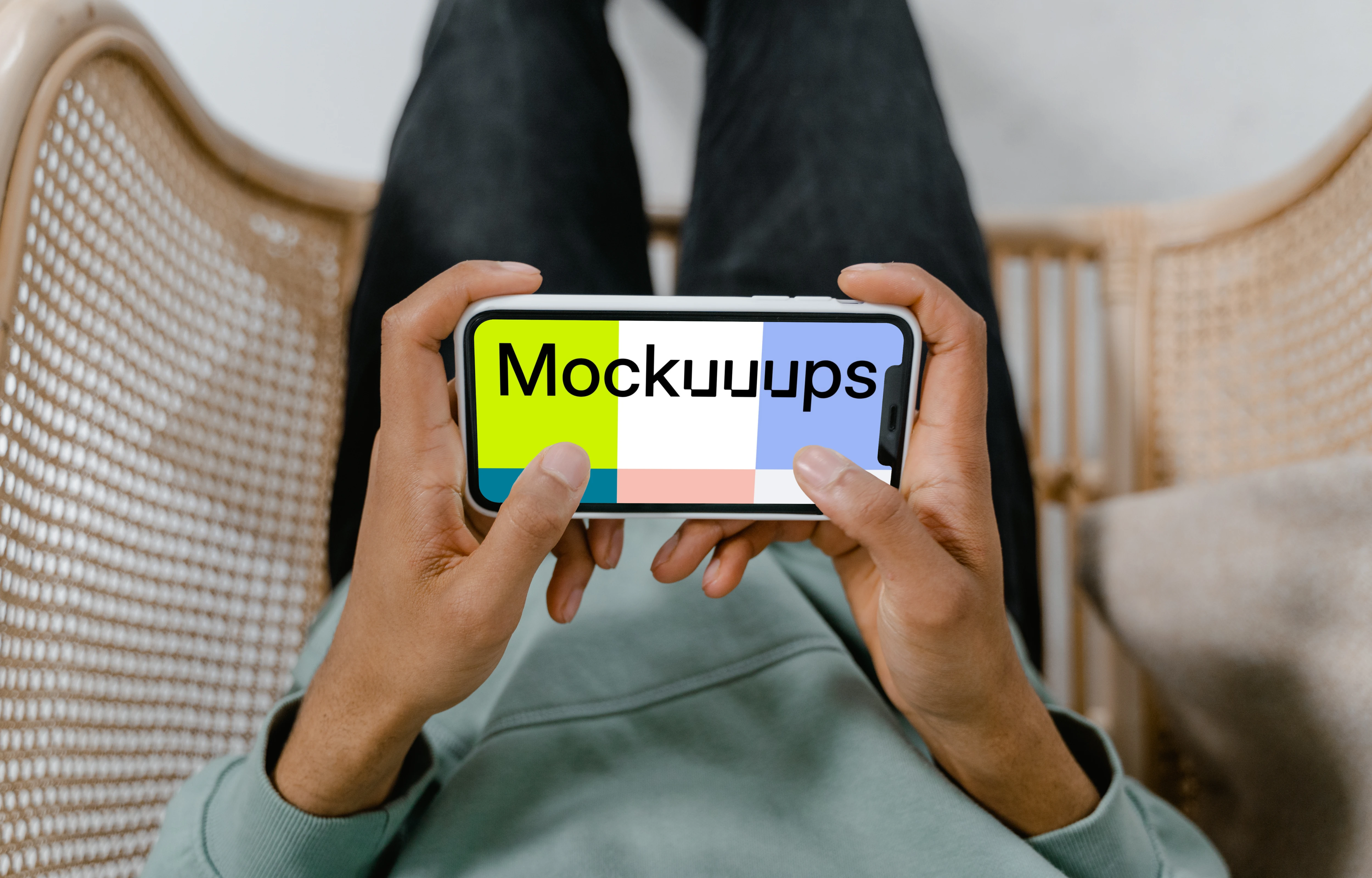 Close up of user holding iPhone mockup in landscape mode 