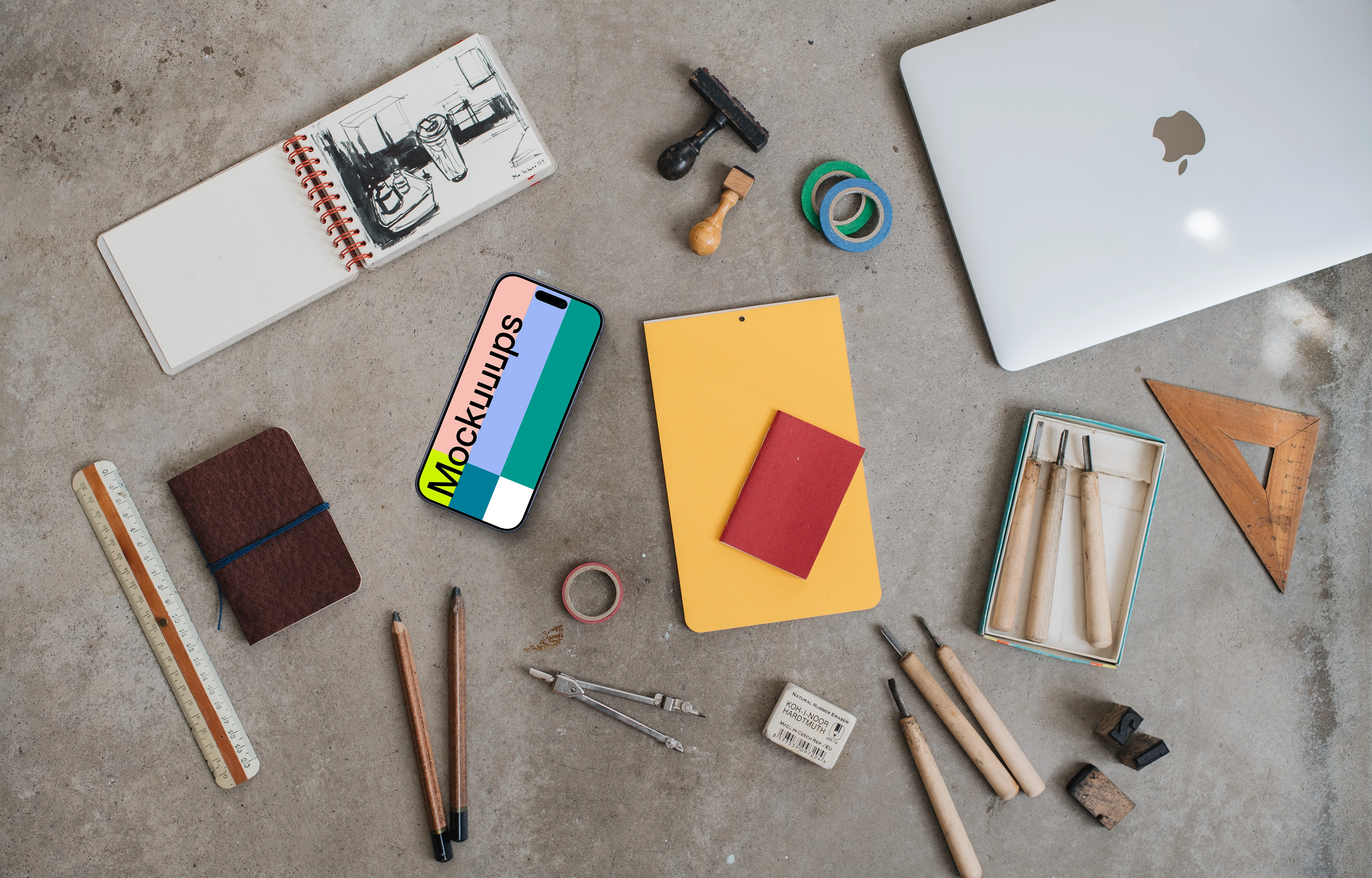 Artist's equipment with a phone mockup