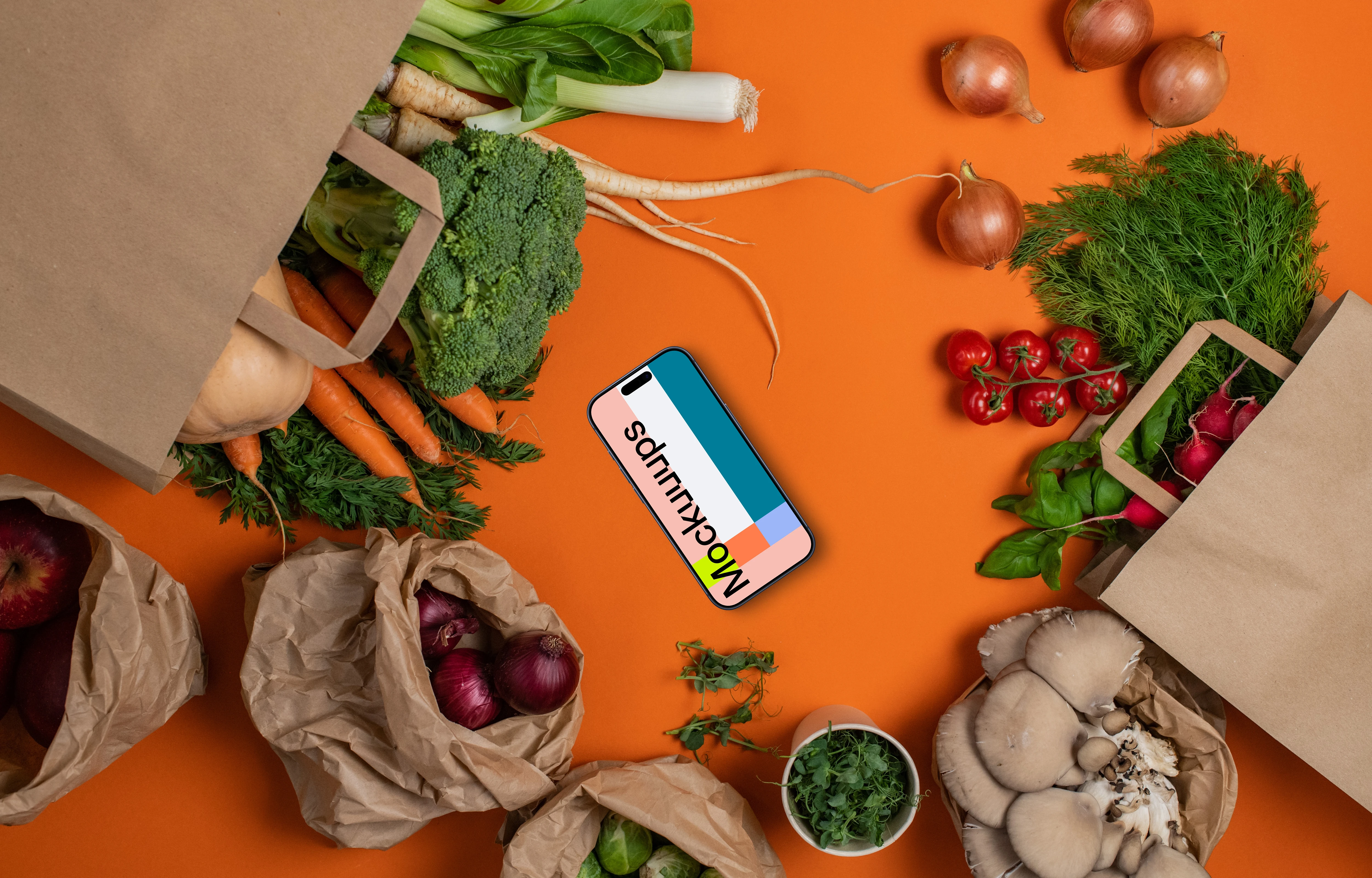 Groceries around phone mockup