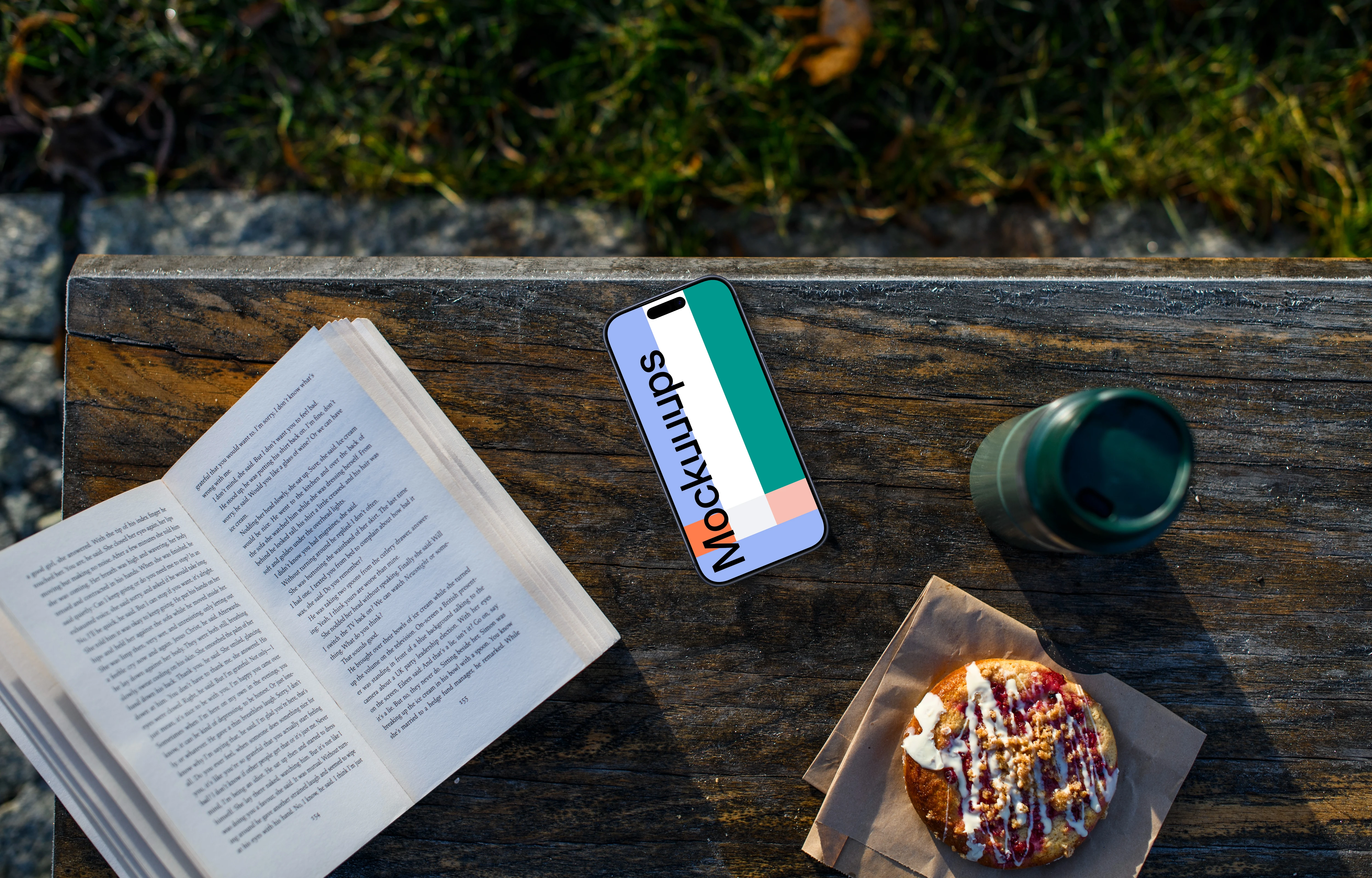 iPhone mockup on the outdoor bench