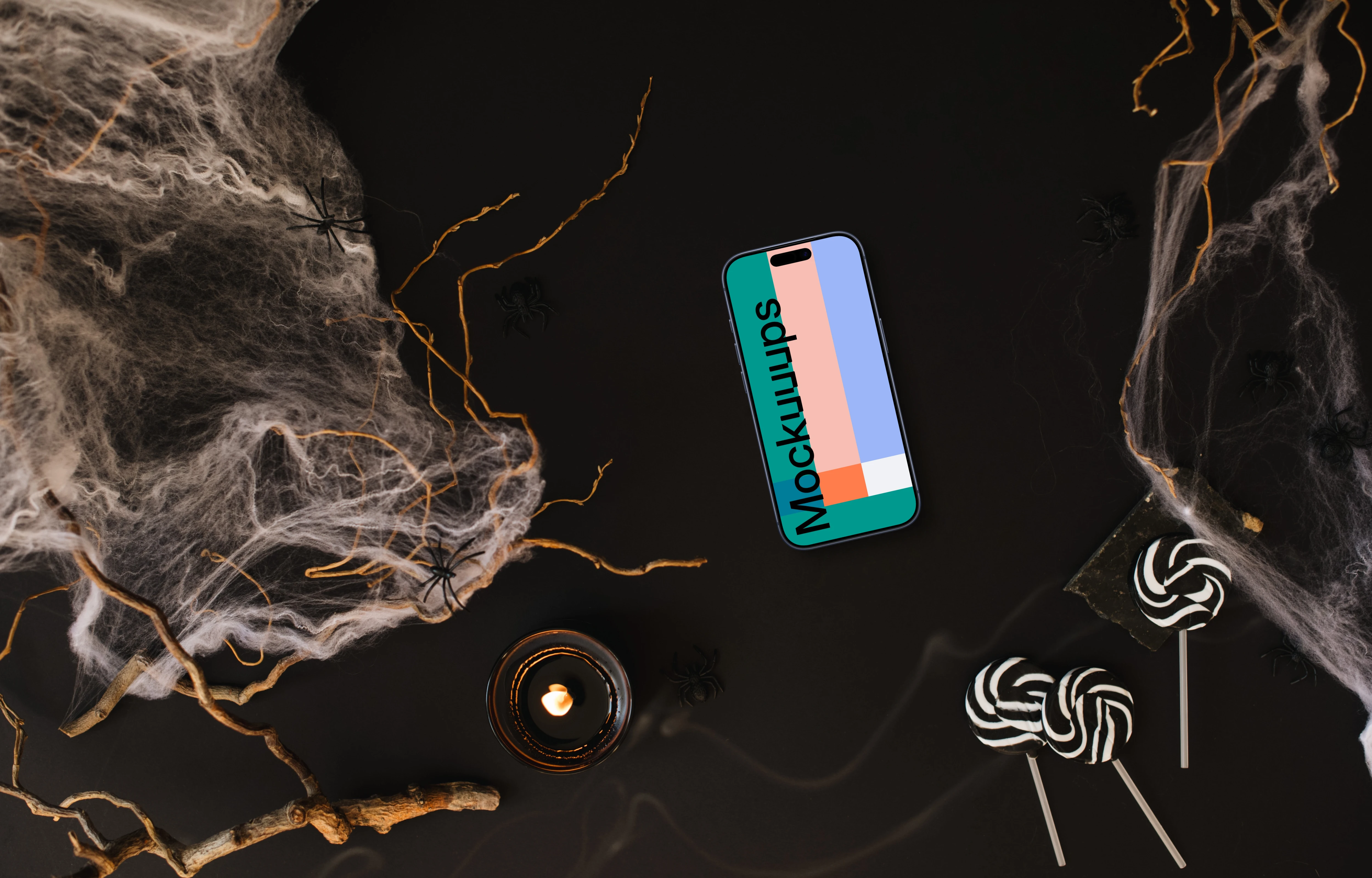 Halloween template with a phone mockup on the dark background