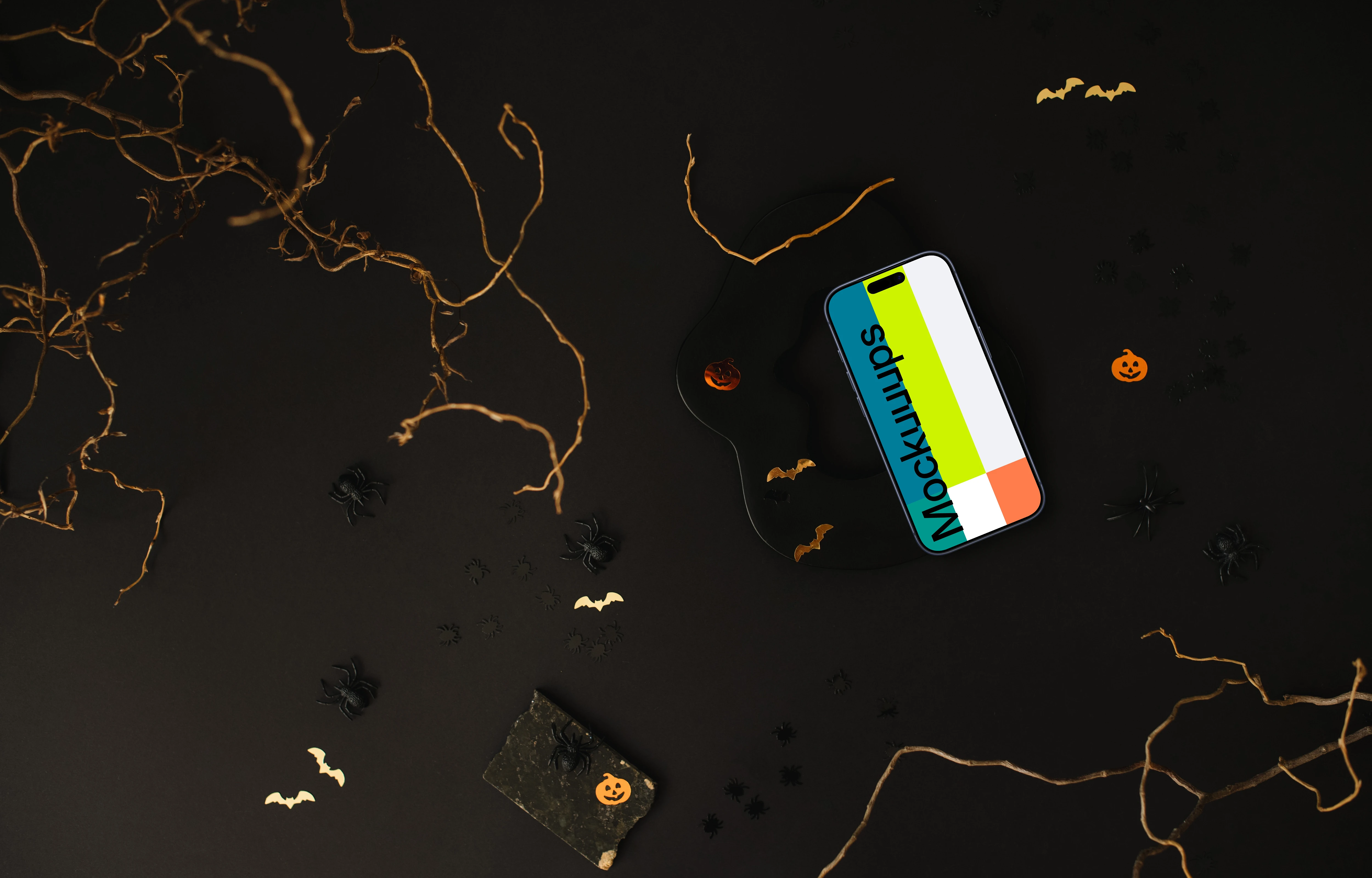 Halloween template with a smartphone mockup and spiders