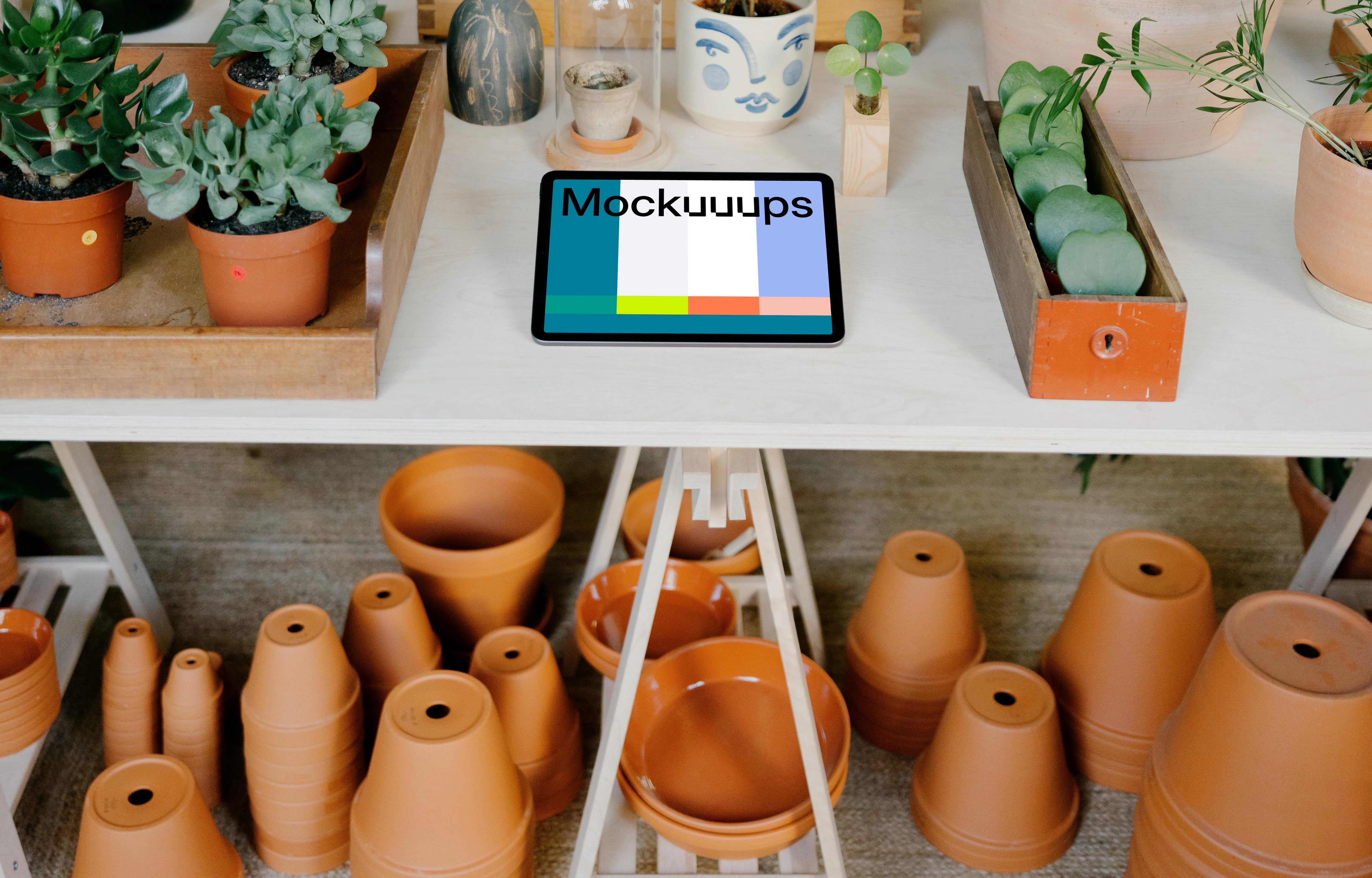 iPad Air mockup on a white table in an indoor garden