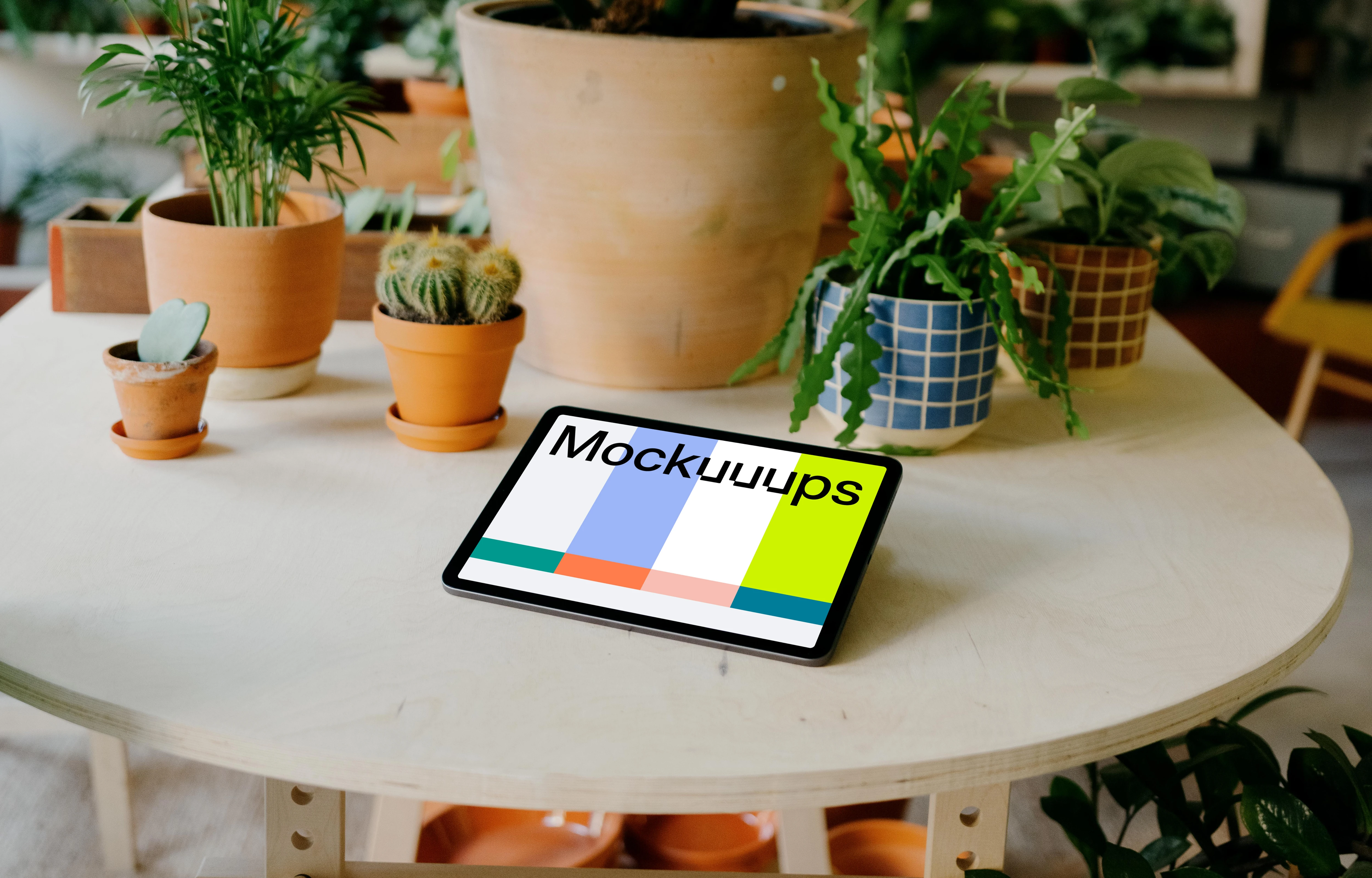 iPad mockup on a white round table