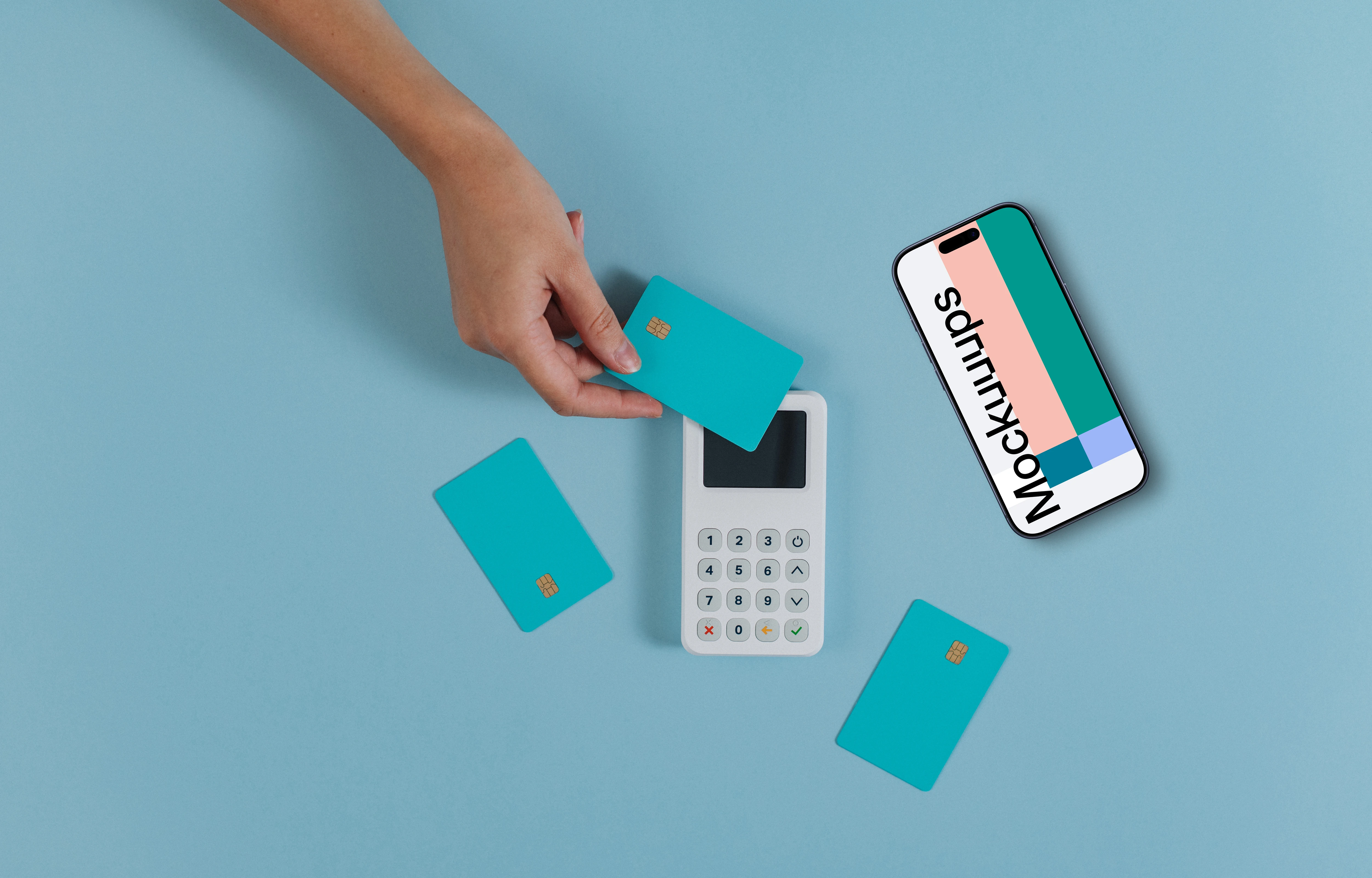 iPhone mockup on blue solid background next to the payment terninal