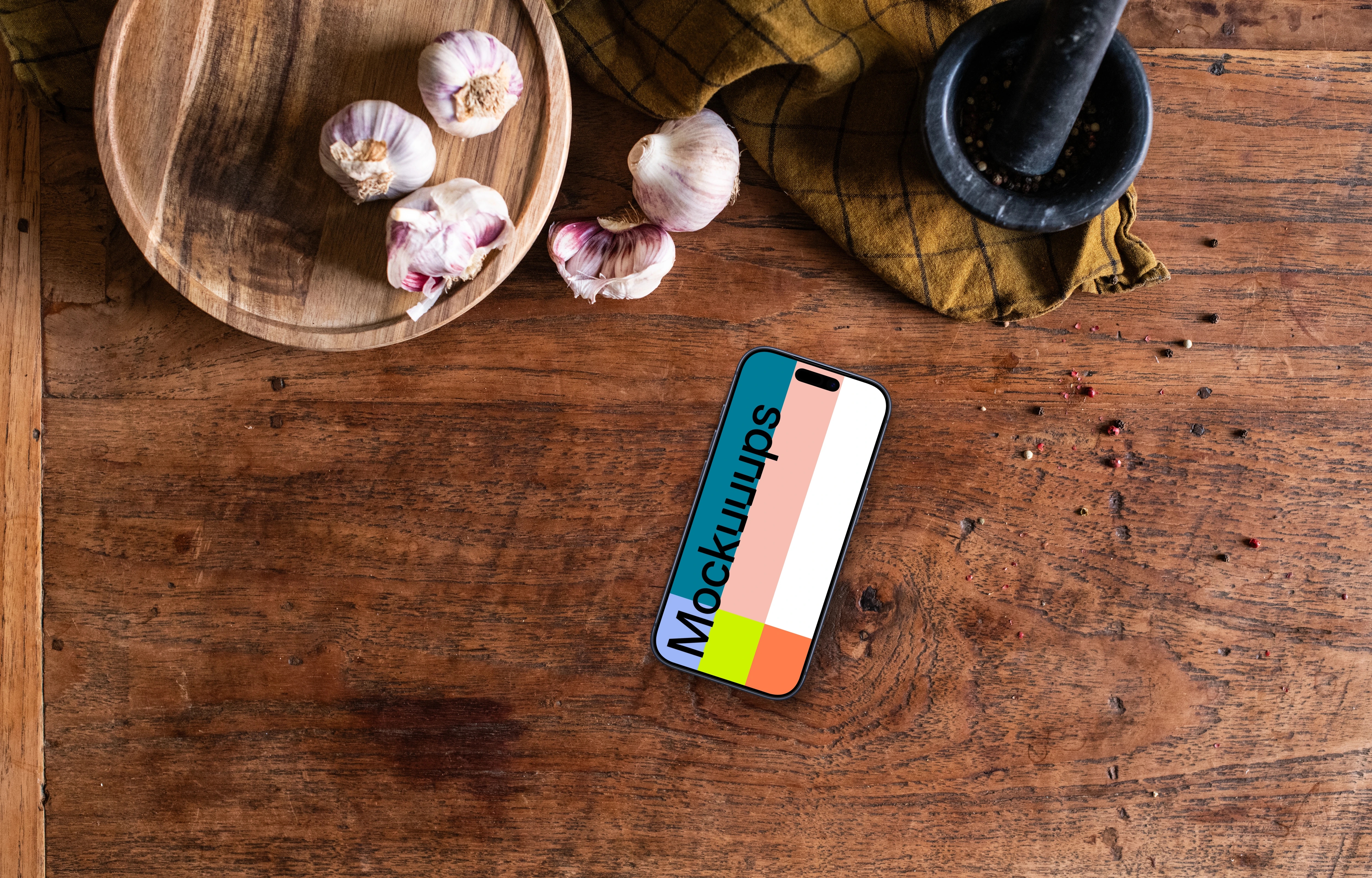 iPhone mockup on the wooden kitchen sideboard