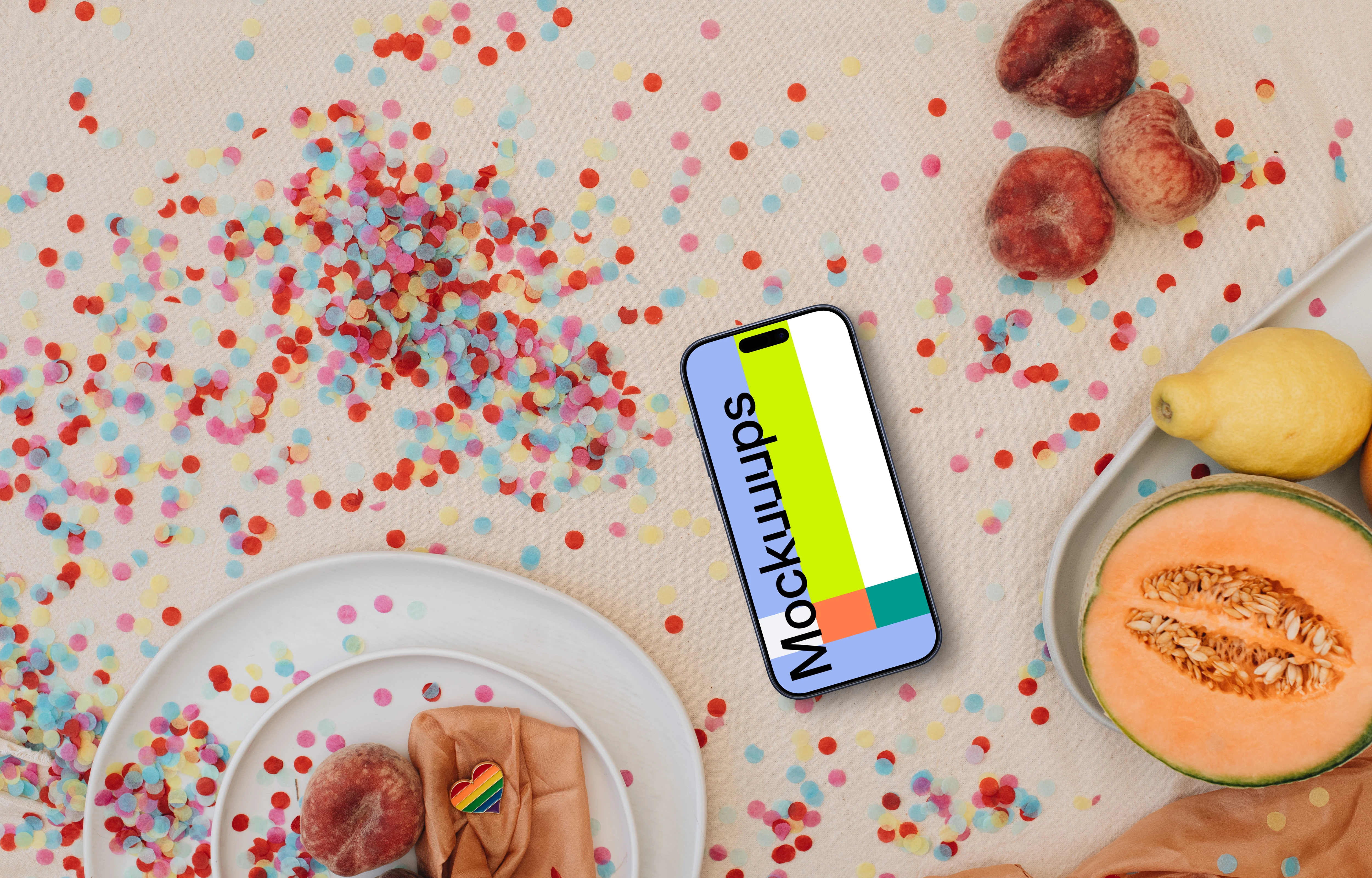 iPhone mockup surrounded by confetti