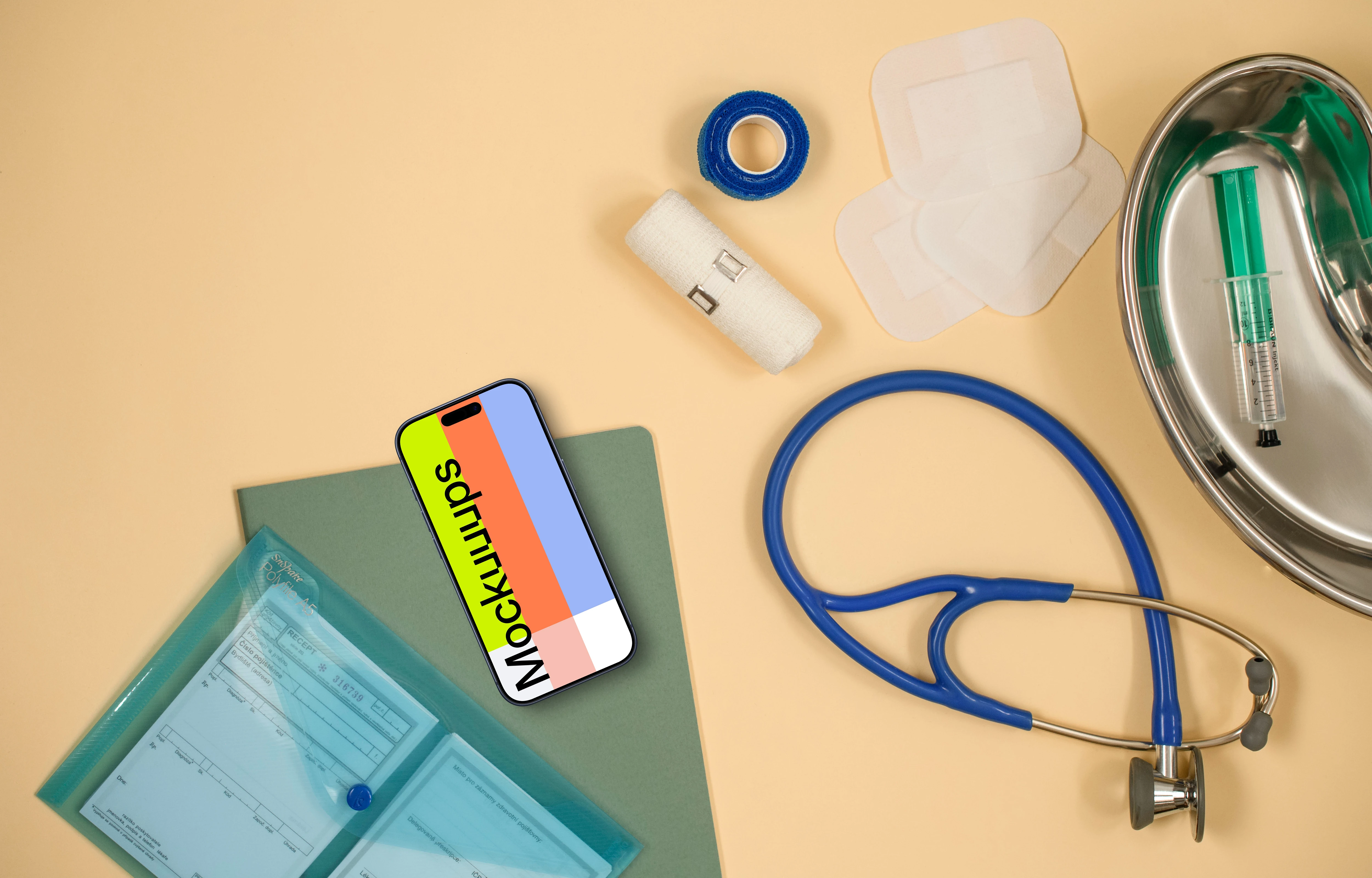 iPhone mockup surrounded by medical essentials