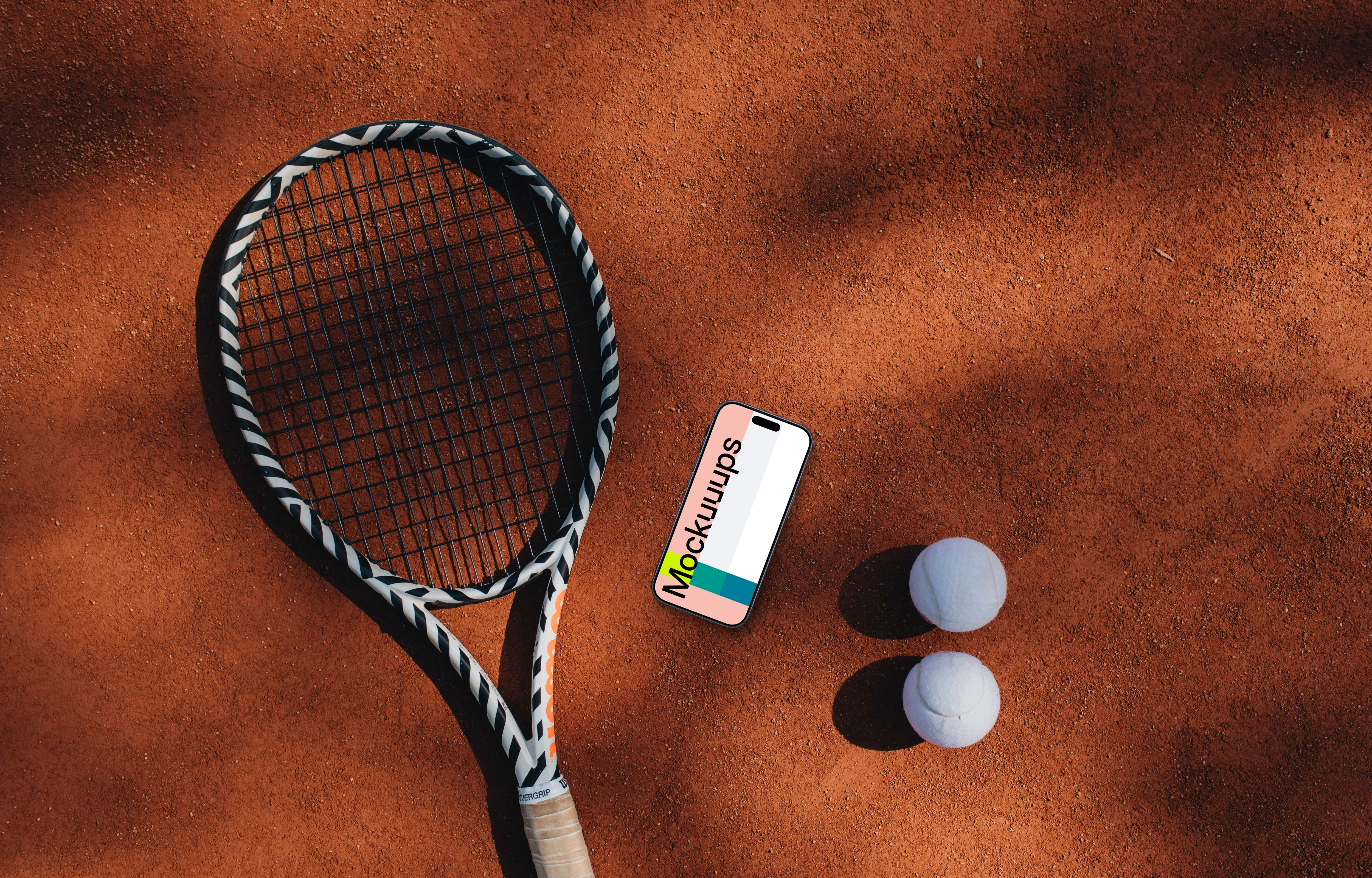 iPhone mockup with tennis racket and balls