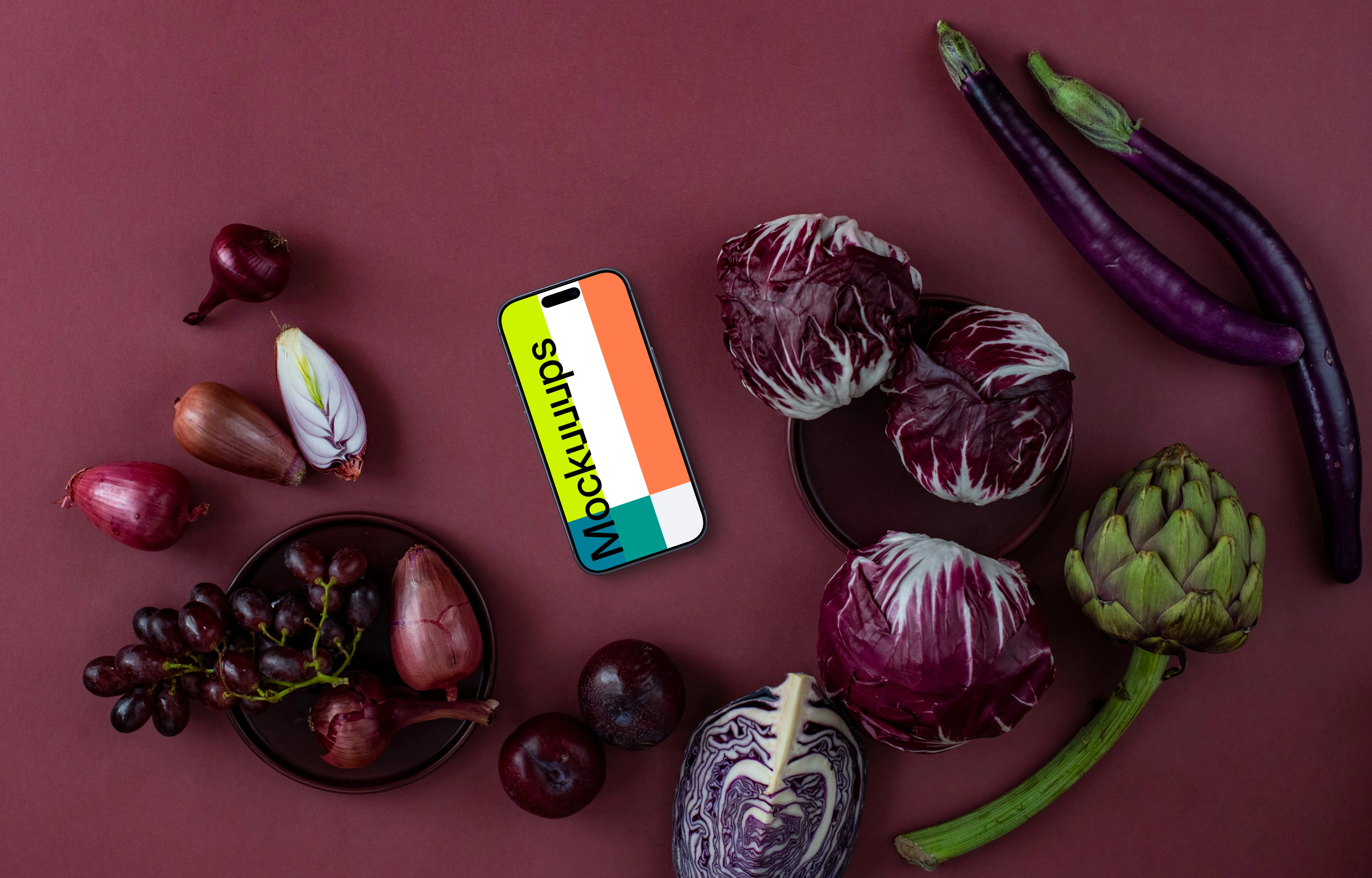 Phone with food in Viva Magenta theme