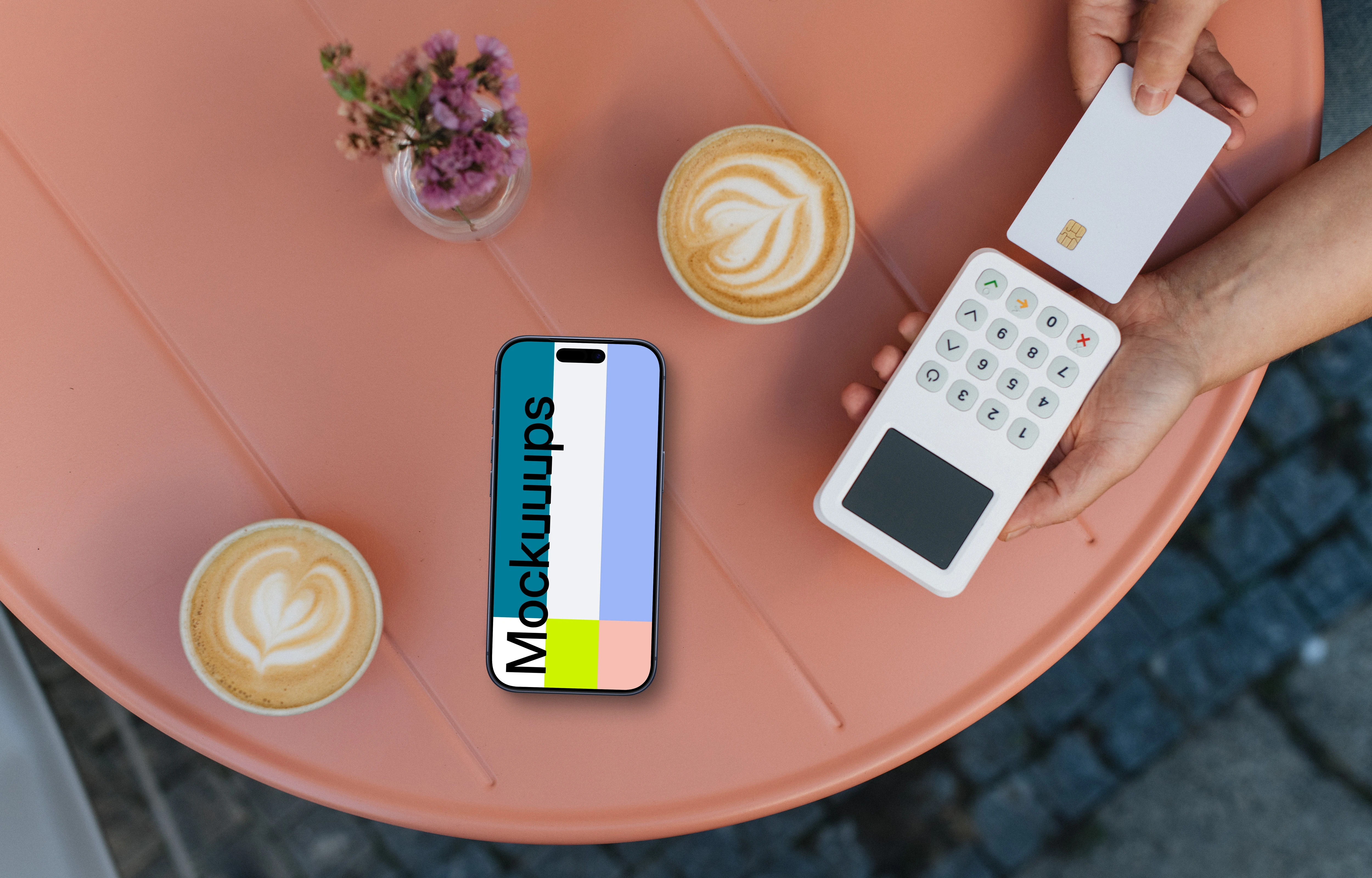 Coffee scene featuring payment terminal and an iPhone mockup