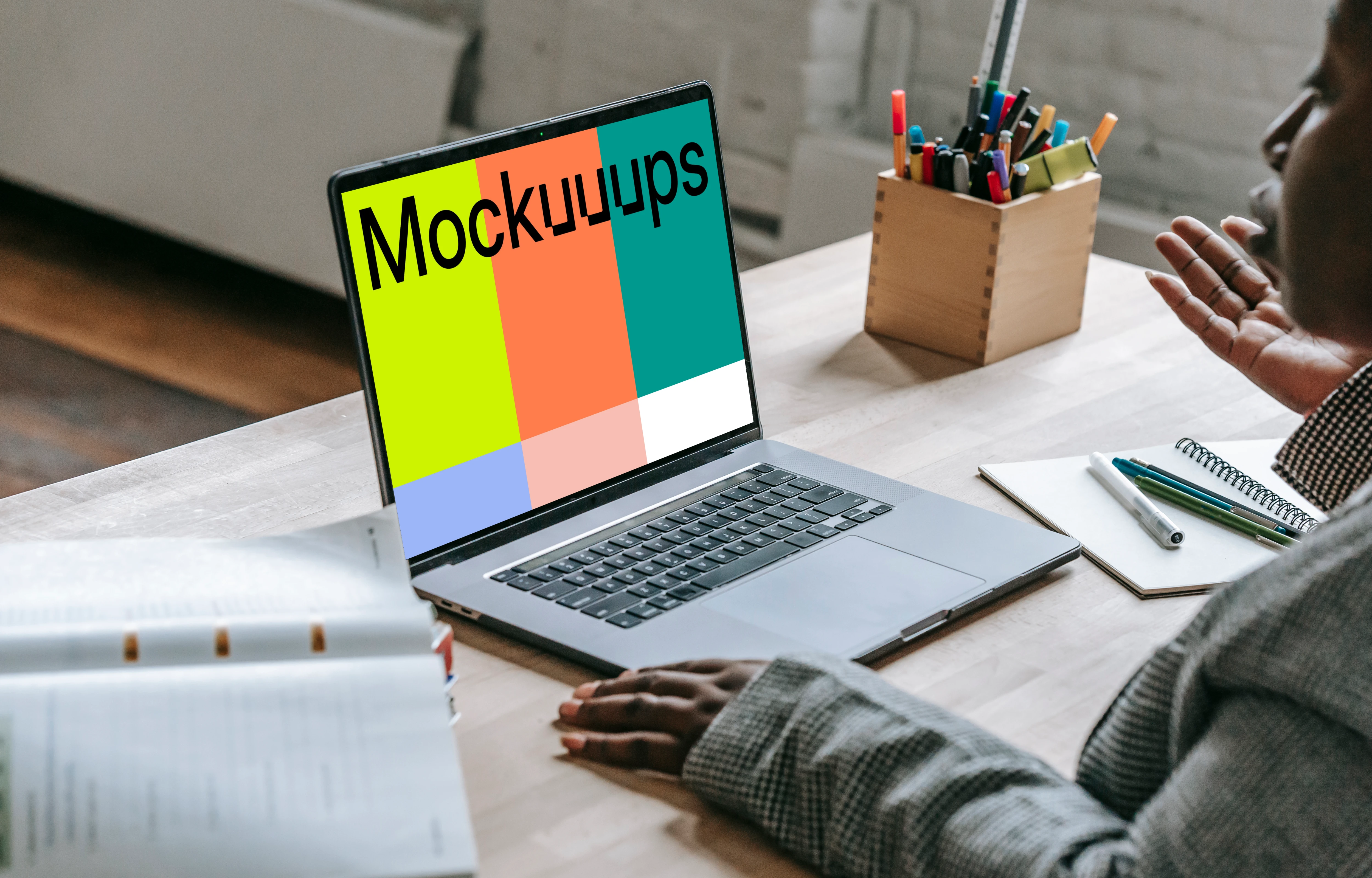 Lady speaking directly to her MacBook Pro mockup