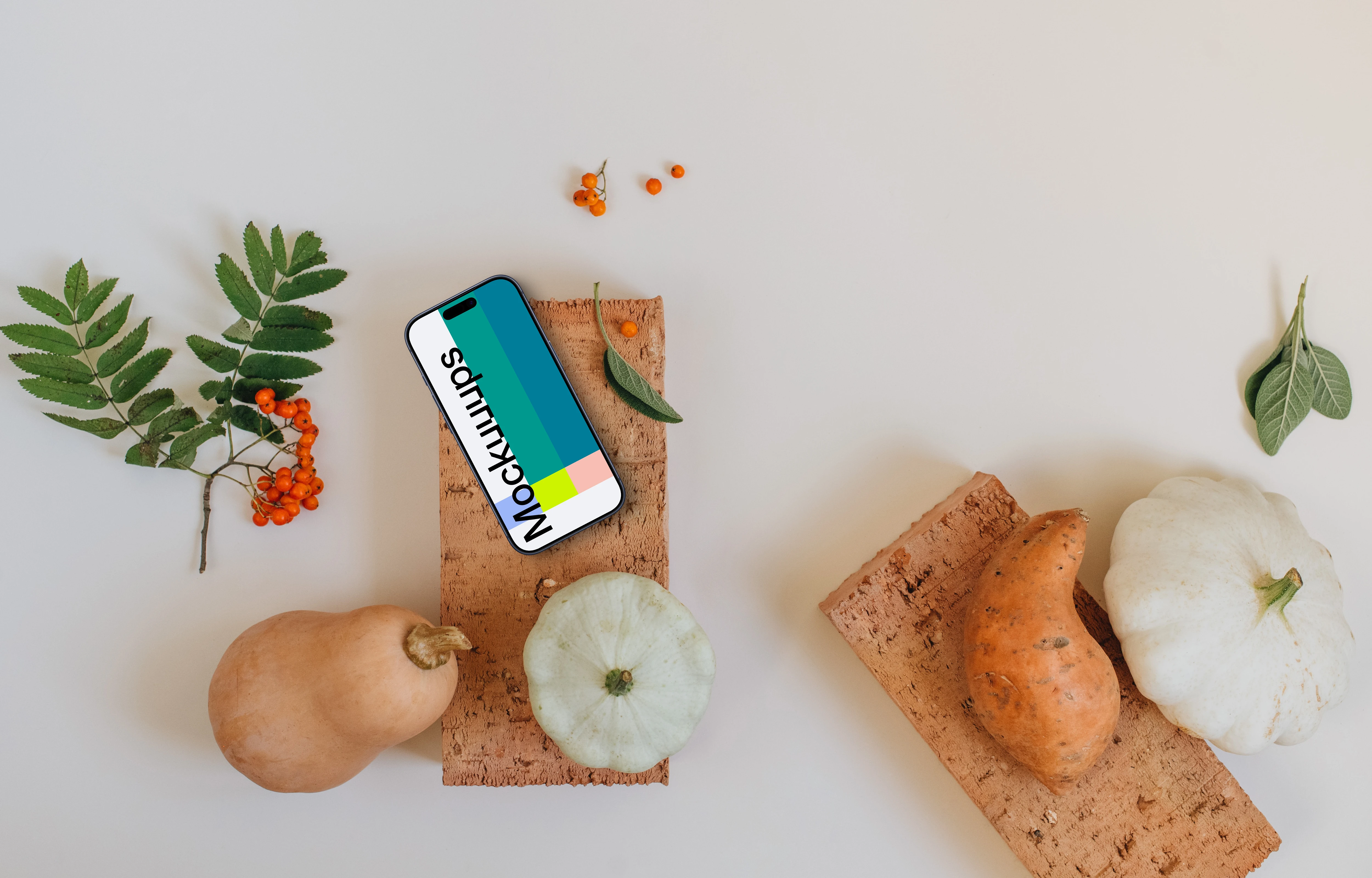 Autumn scene of smartphone mockup on the brick