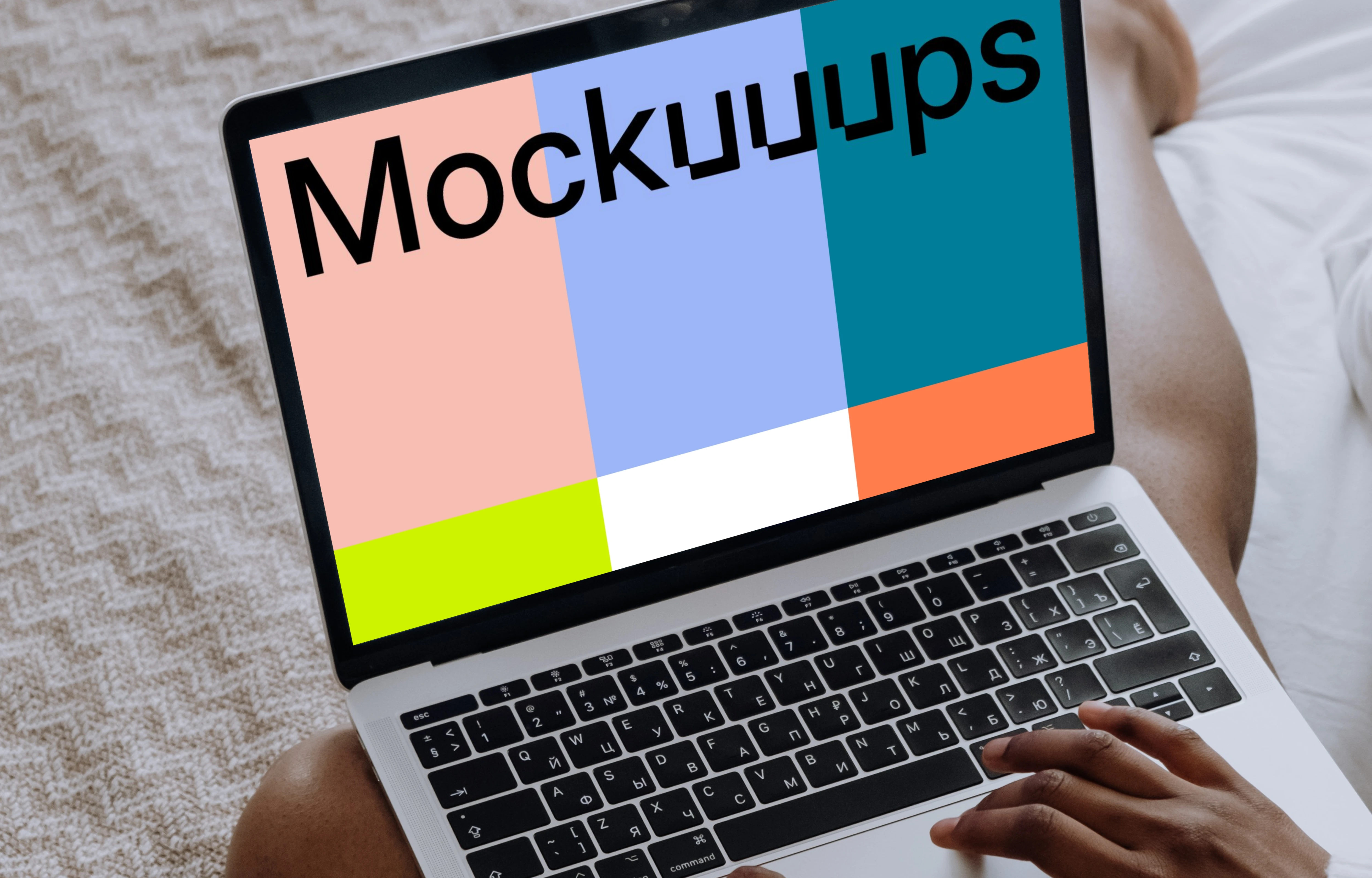 MacBook Pro mockup on a ladies lap sitting on a bed