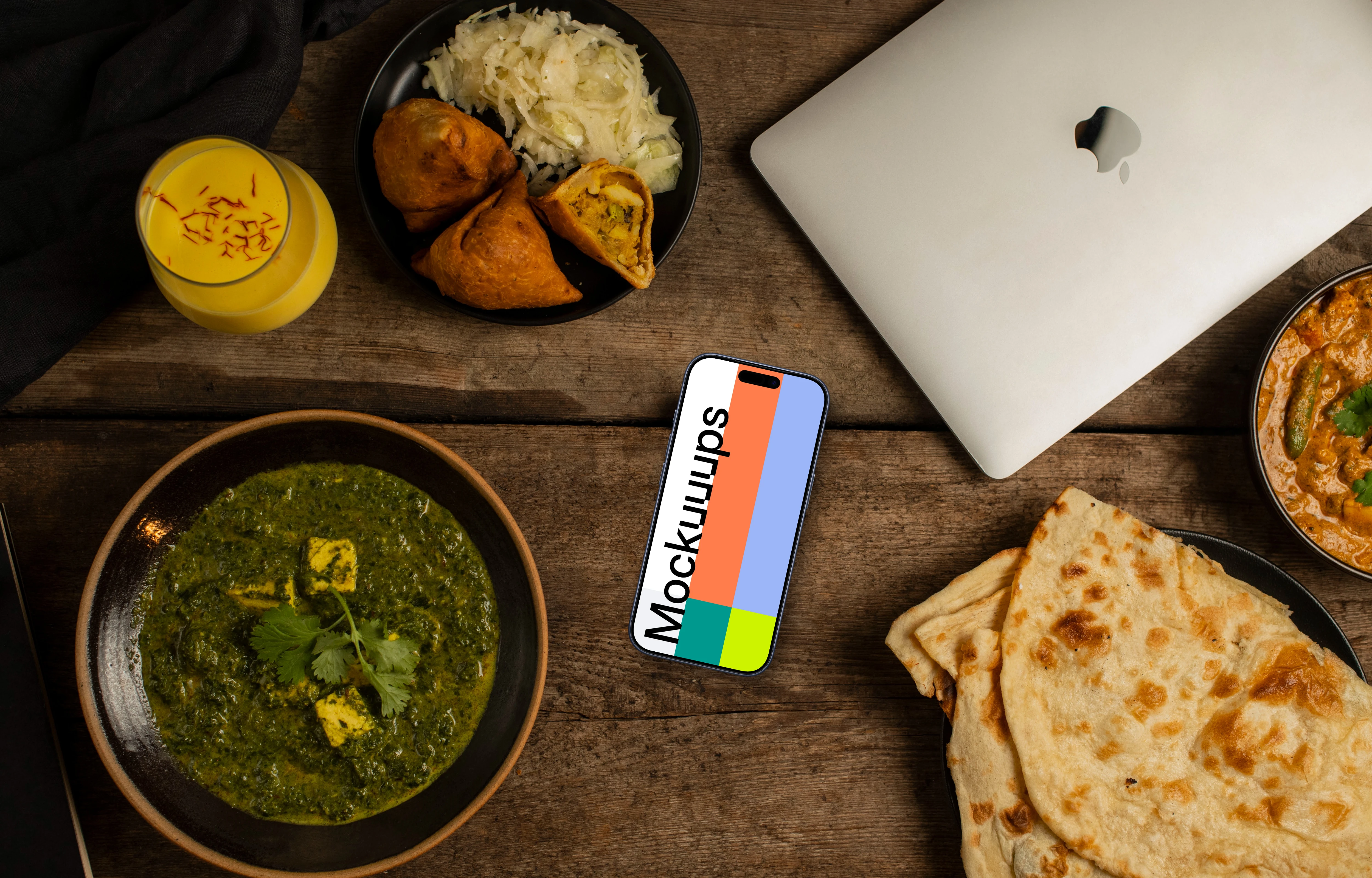 Smartphone mockup with Indian food
